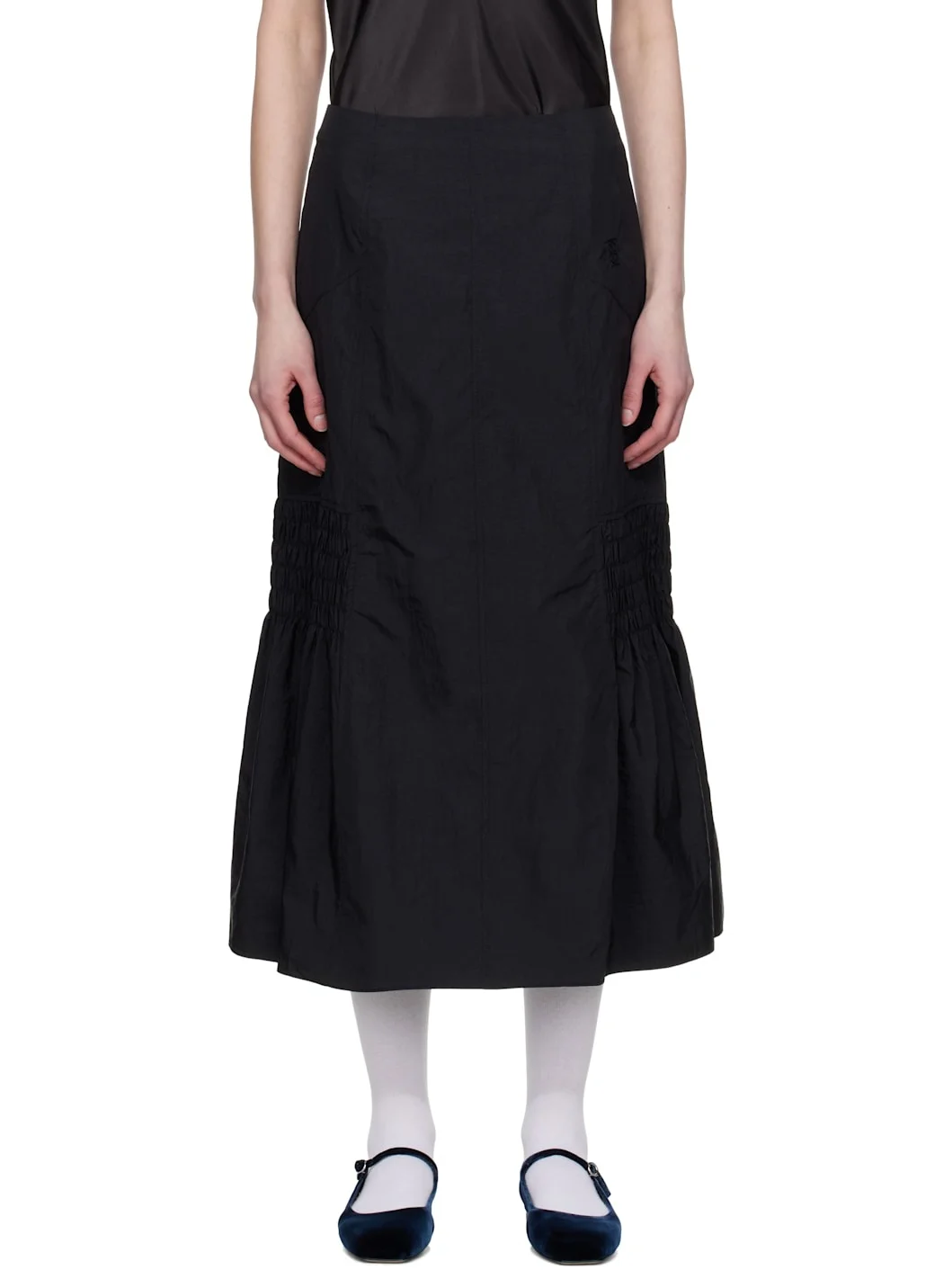 Black Smocked Mermaid Midi Skirt - 1