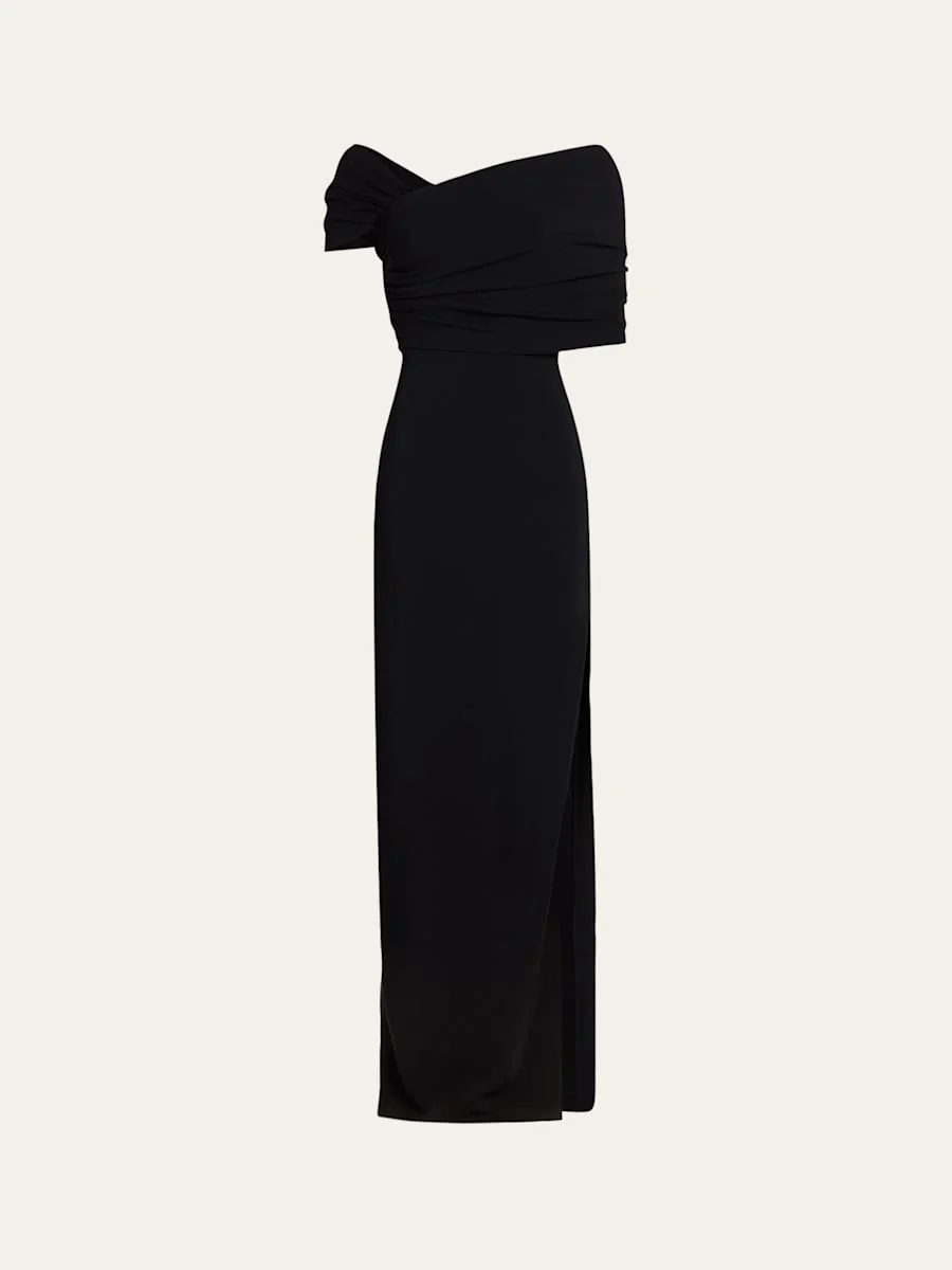 Asymmetric Draped Off-The-Shoulder Column Gown - 1