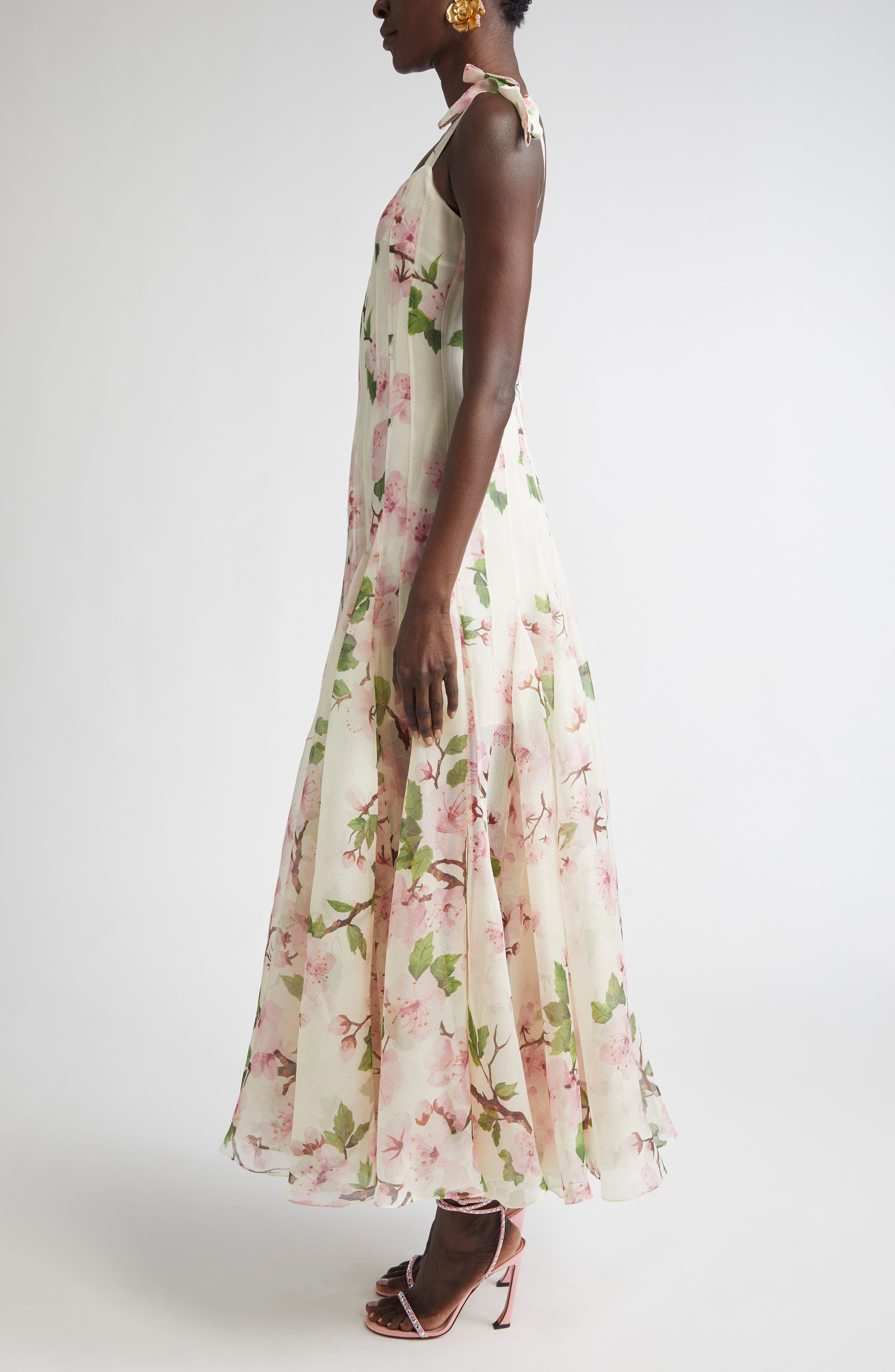 Oscar de la Renta Cherry Blossom Print Pleated Organza in Pink/Ivory at Nordstrom - 3