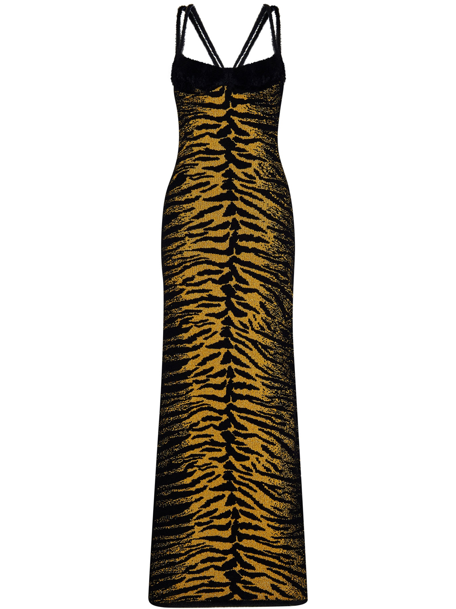 Long yellow and black jacquard dress with degrad?-effect Zebra pattern and crossed straps on the bac - 1