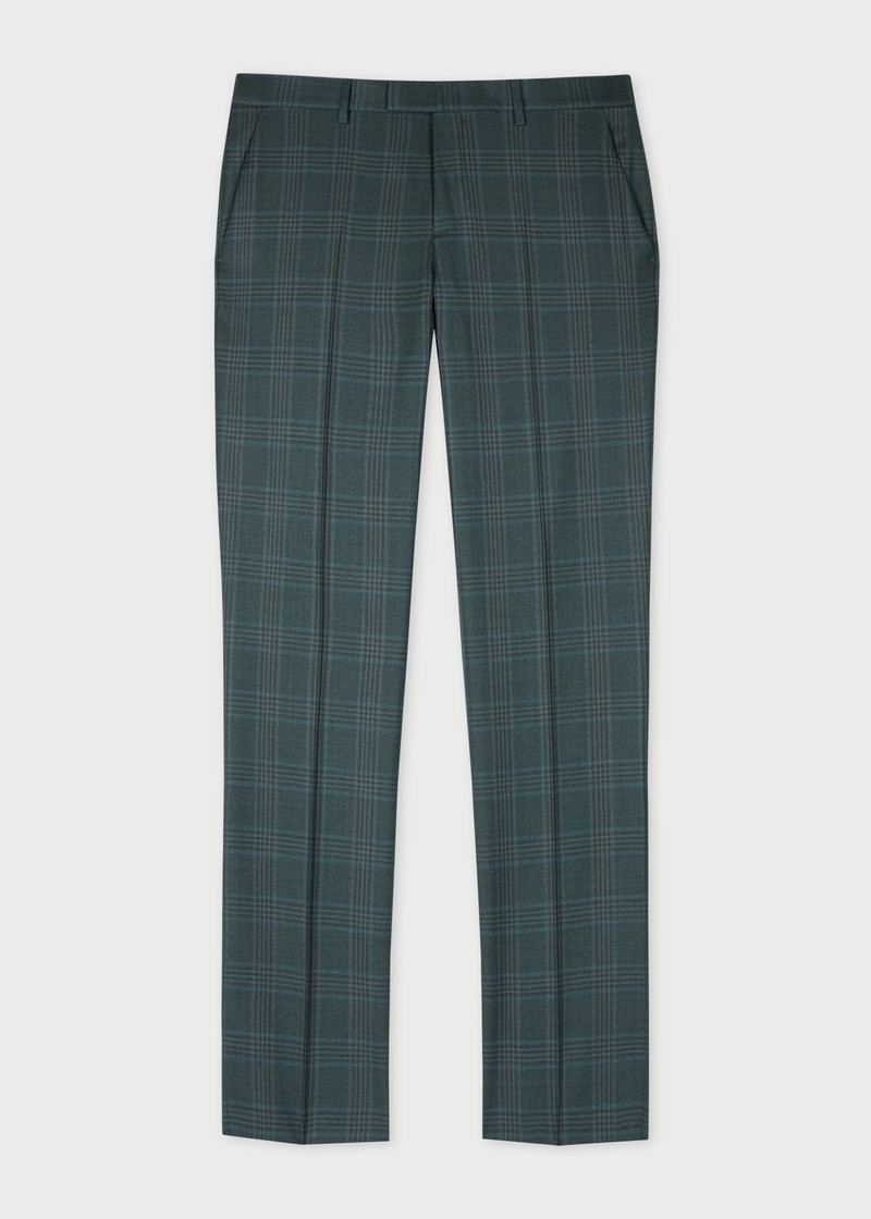 Tapered-Fit Teal Green Check Wool Trousers 1