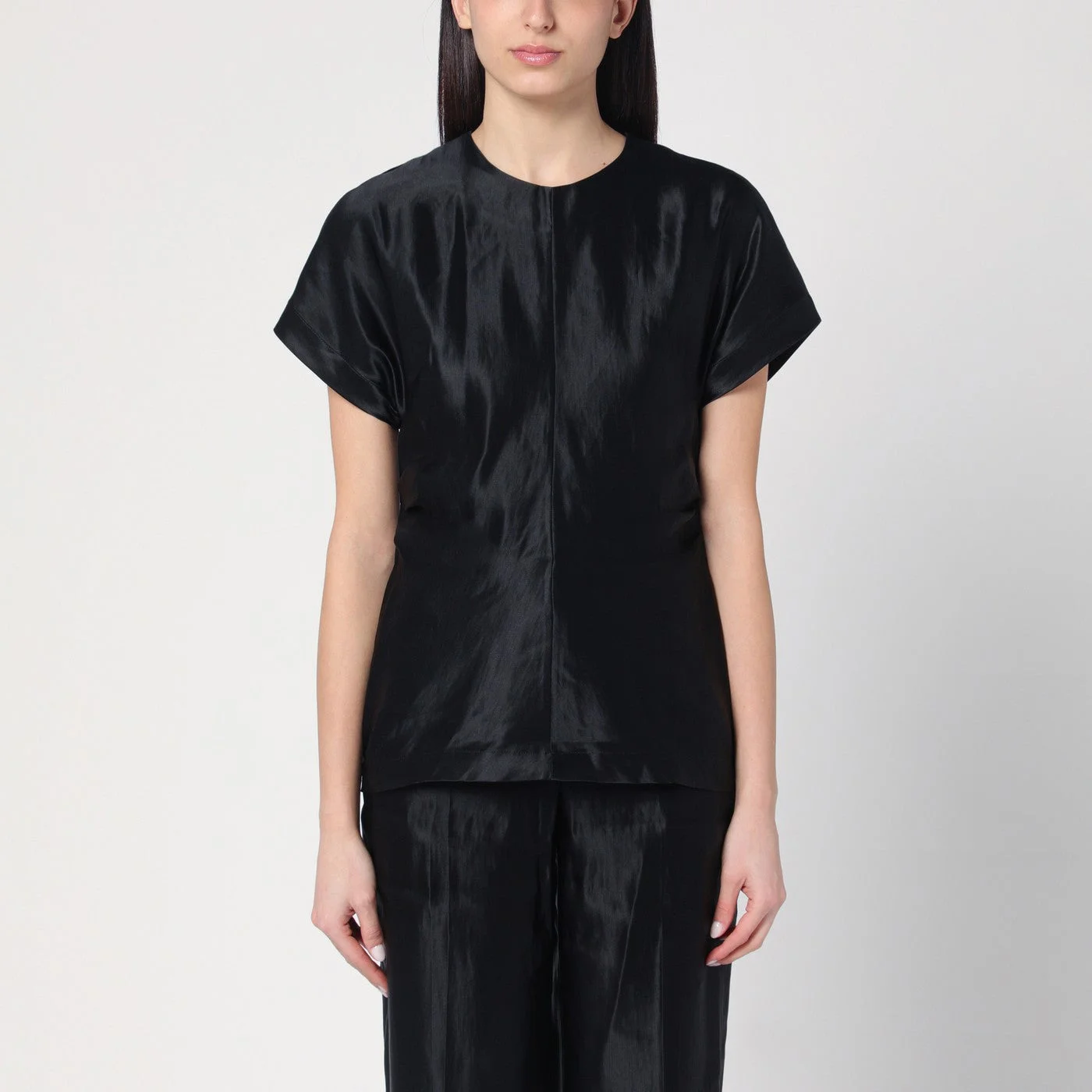 Black T-shirt in linen and silk - 1