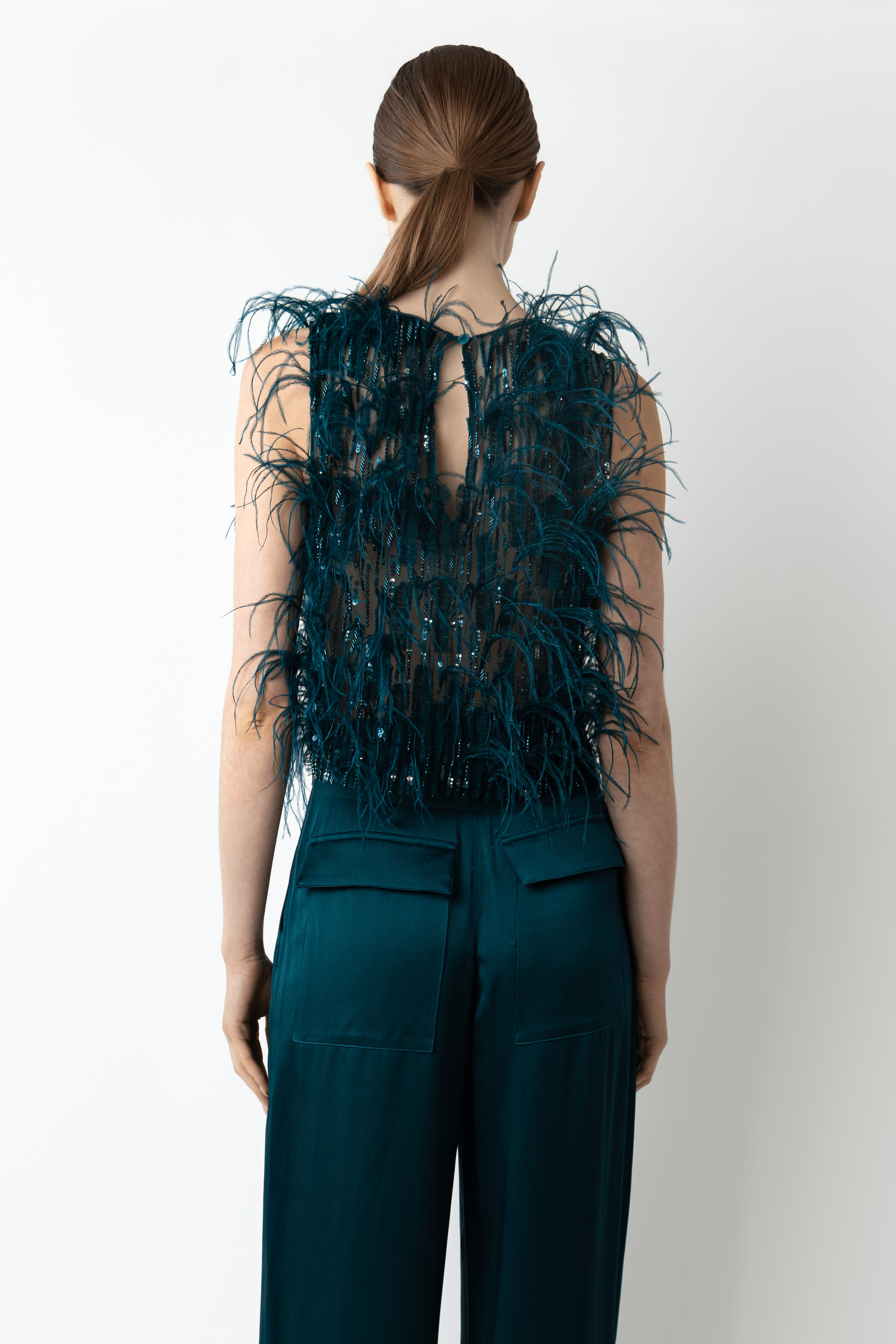Cascading Feather Embellished Cropped Tank - 3