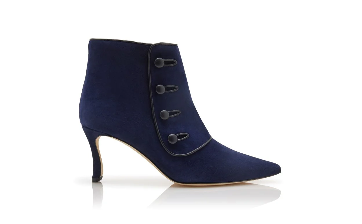 Navy Blue Suede Button Detail Ankle Boots - 1