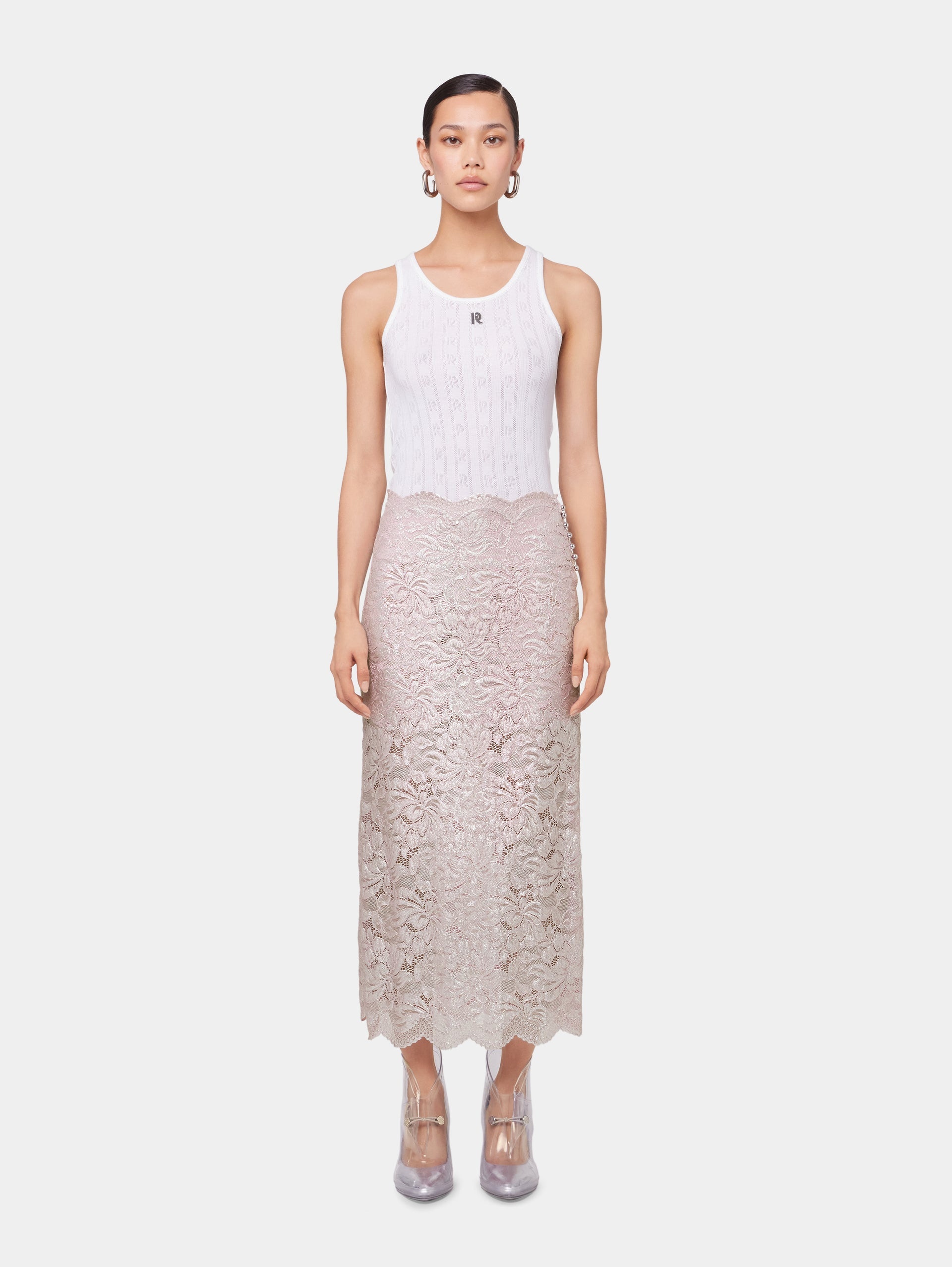 LIGHT PINK LONG SKIRT IN LACE WITH SILVER INDUCTION - 2