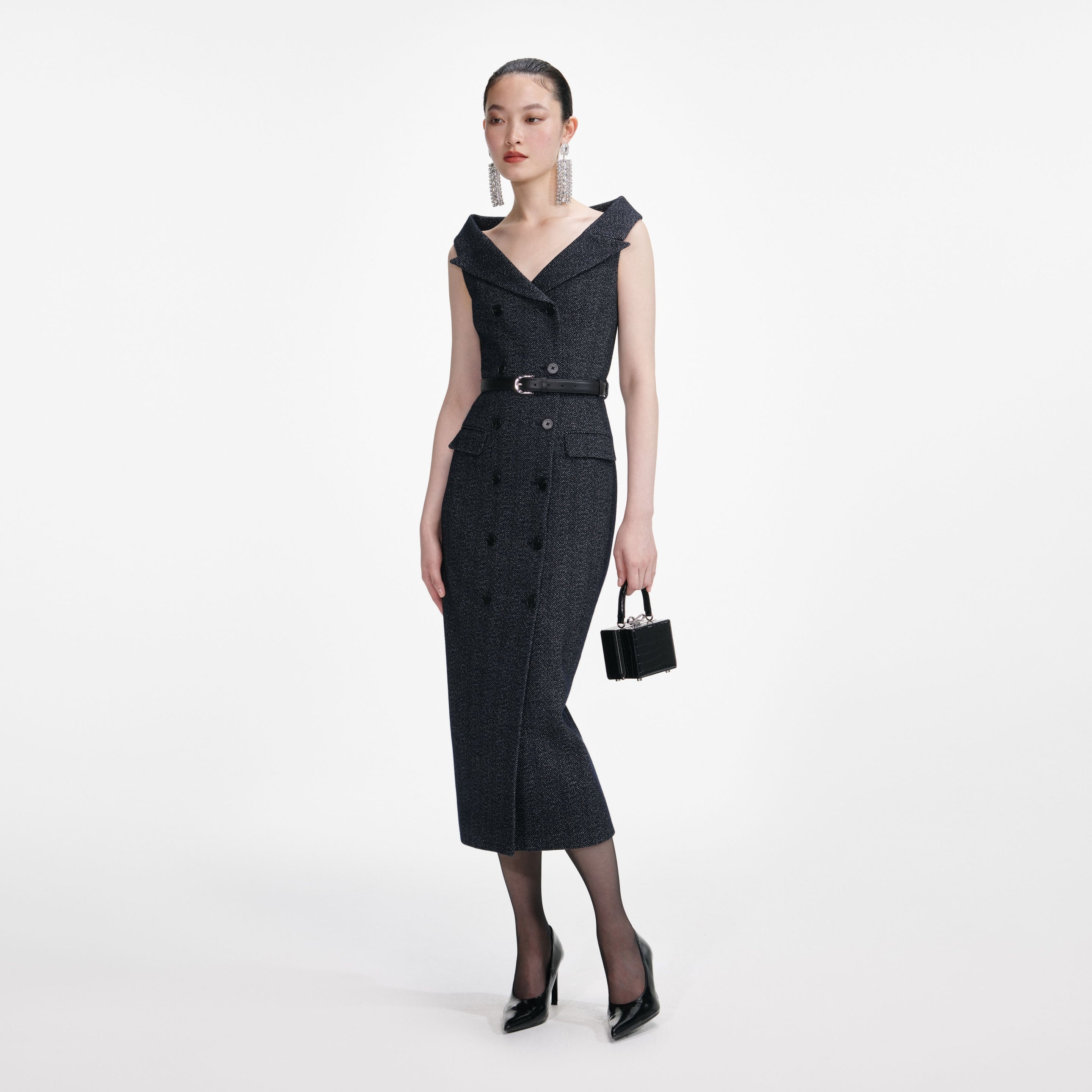 Navy Herringbone Wool Midi Dress - 2