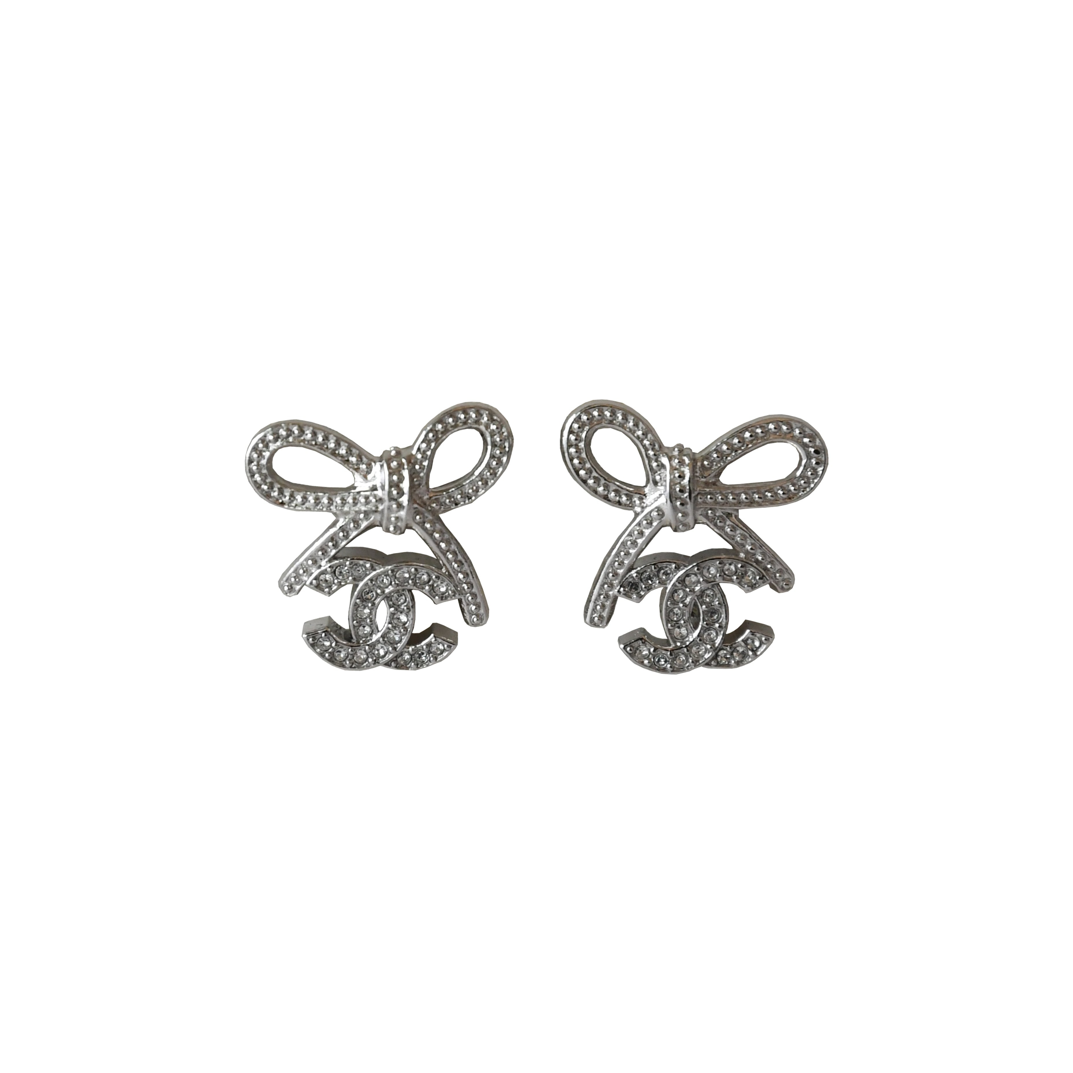 Chanel CC Crystal Strass Bow Stud Earrings Silver - 1