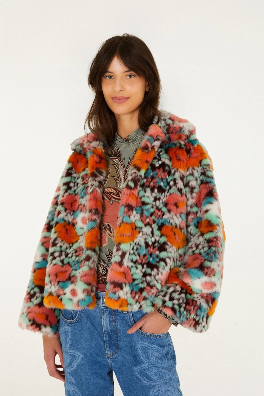 Floral Faux Fur Crop Jacket - 1