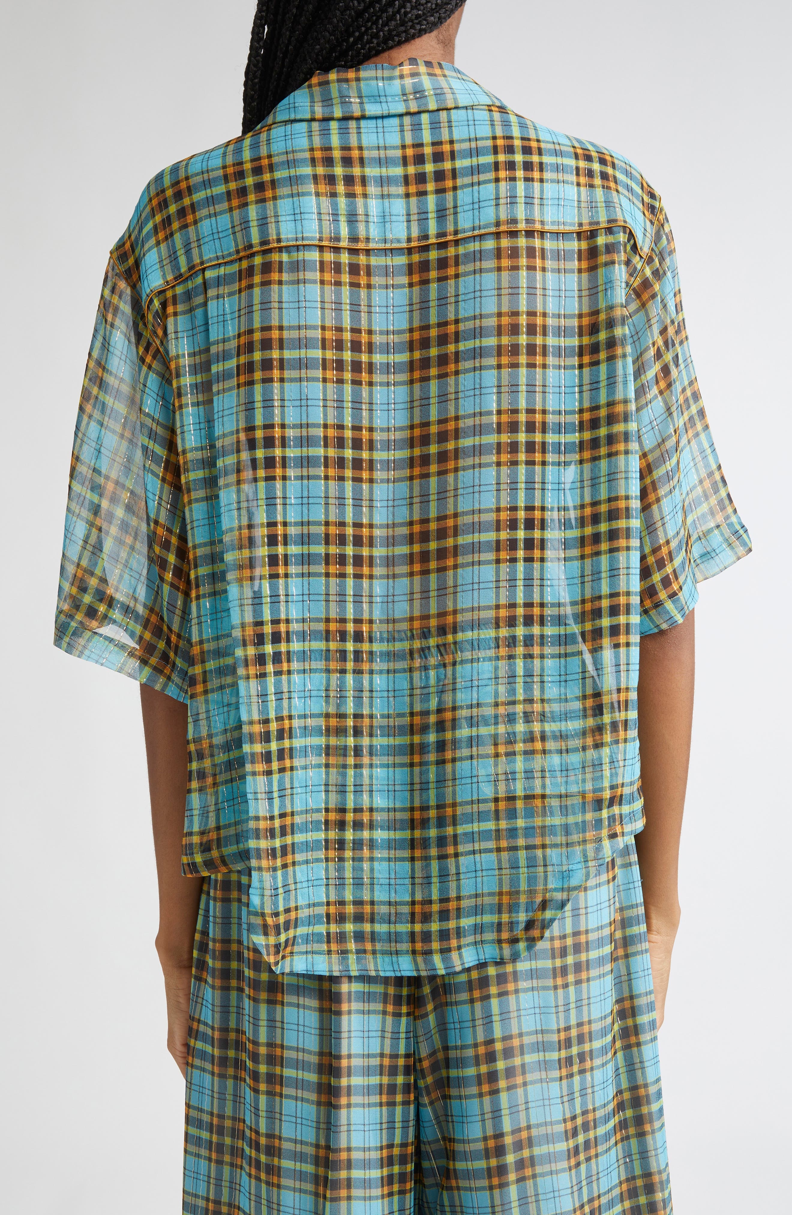 Undercover Metallic Stripe Plaid Silk Blend Camp Shirt in Blue Check at Nordstrom - 3