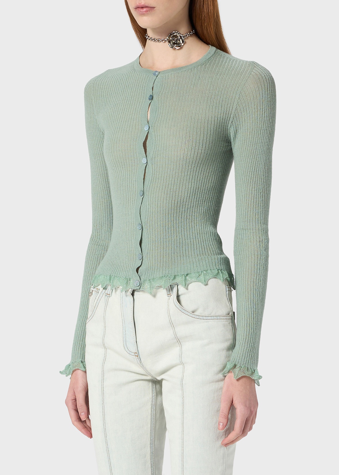 RIBBED CARDIGAN WITH LAMÉ SCALLOPED HEM - 5