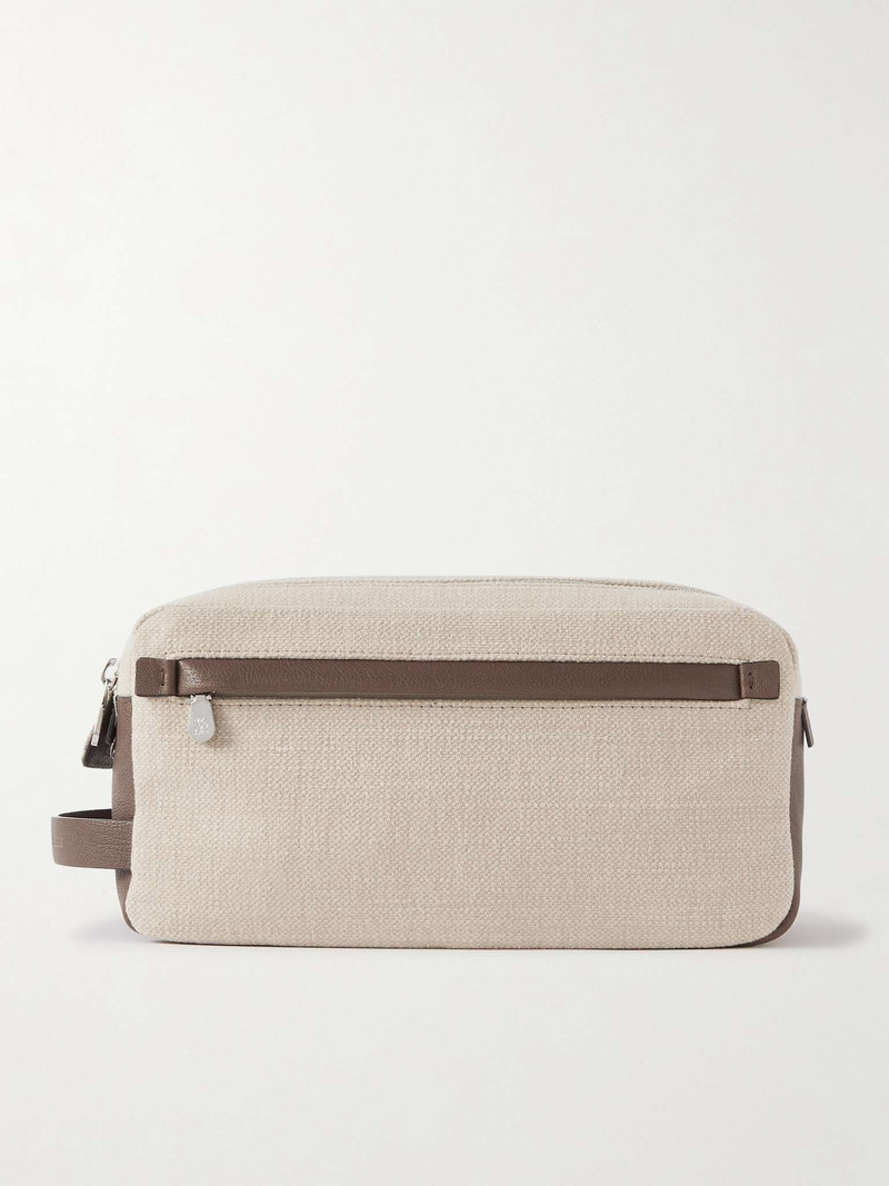 Leather-Trimmed Cotton and Linen-Blend Wash Bag 1