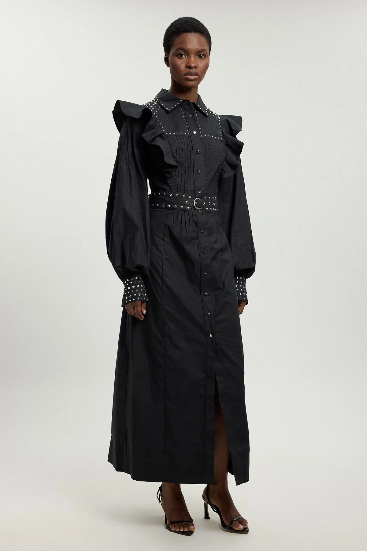 Petite Cotton Sateen Drama Sleeve Studded Woven Maxi Shirt Dress - 1