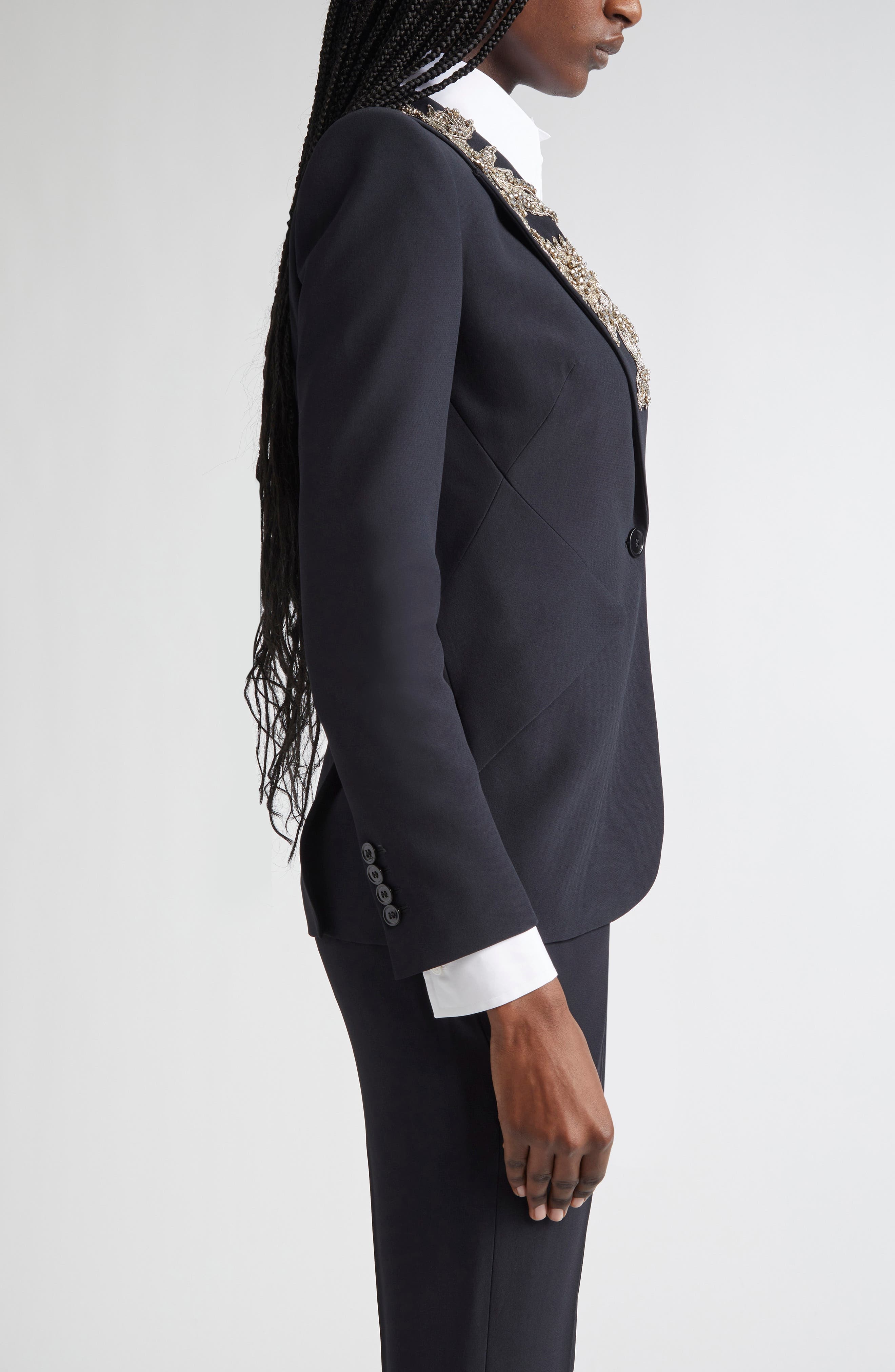 McQueen Banshee Embroidery Leaf Crepe Blazer in Black at Nordstrom - 4