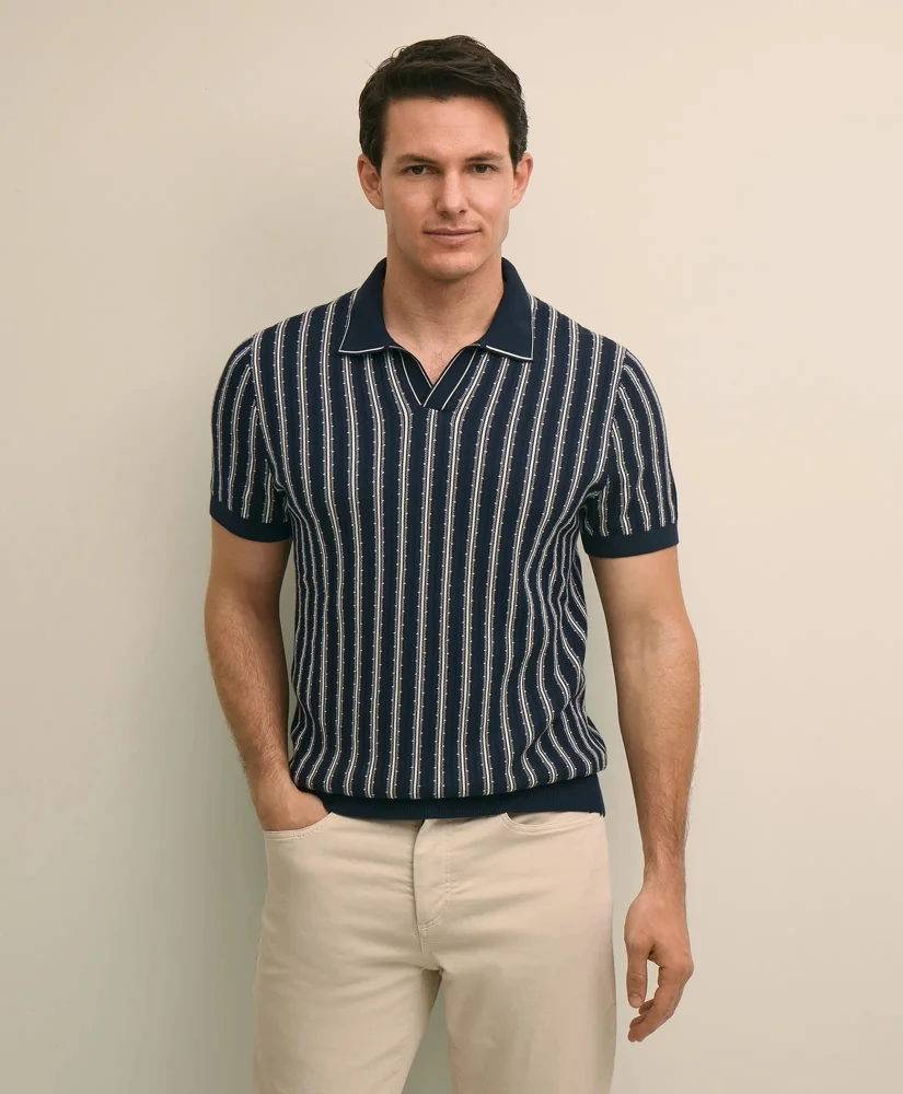 Supima® Cotton Short-Sleeve Striped Johnny Collar Sweater - 1