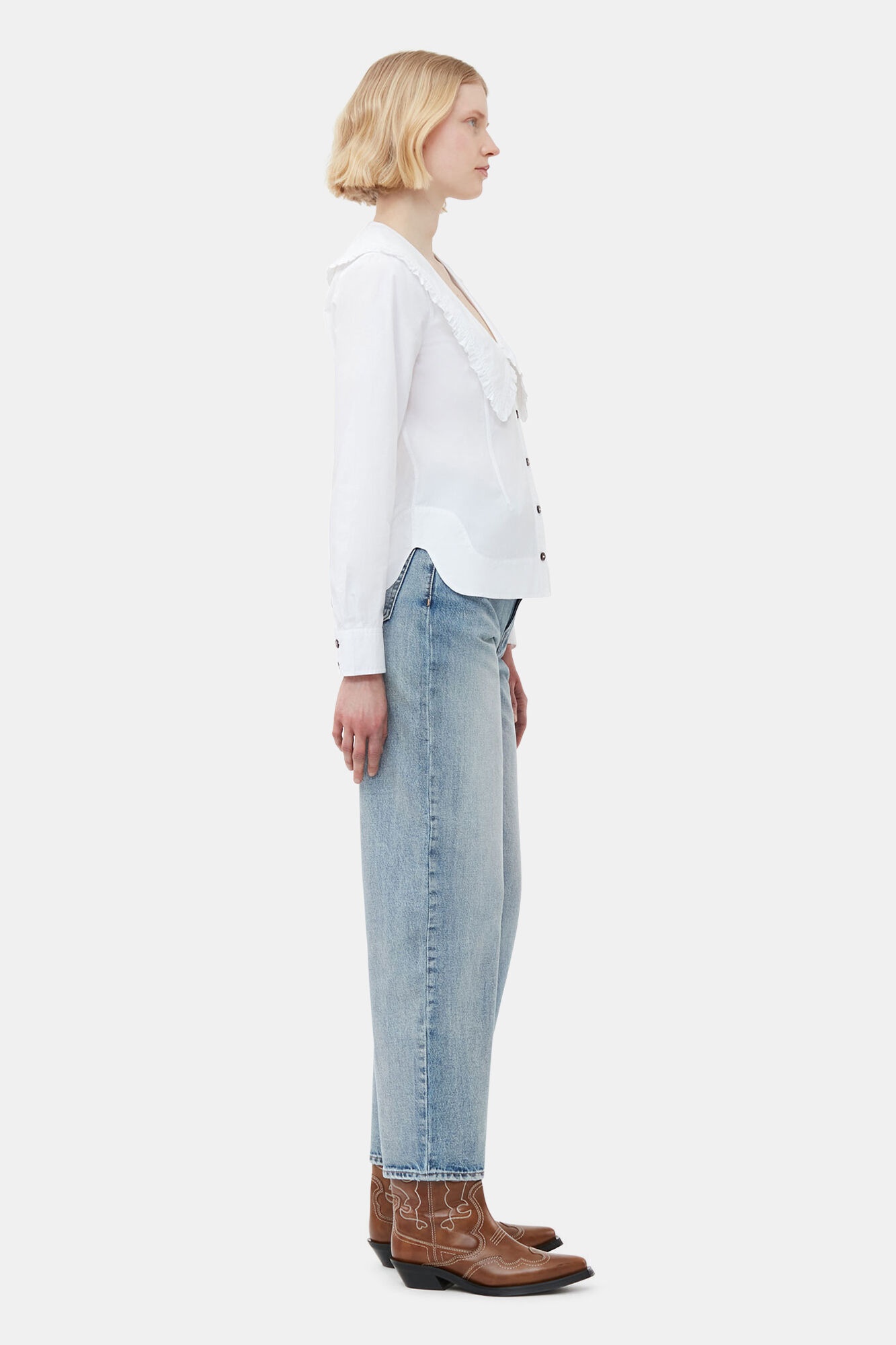 COTTON POPLIN V-NECK FRILL COLLAR SHIRT - 5