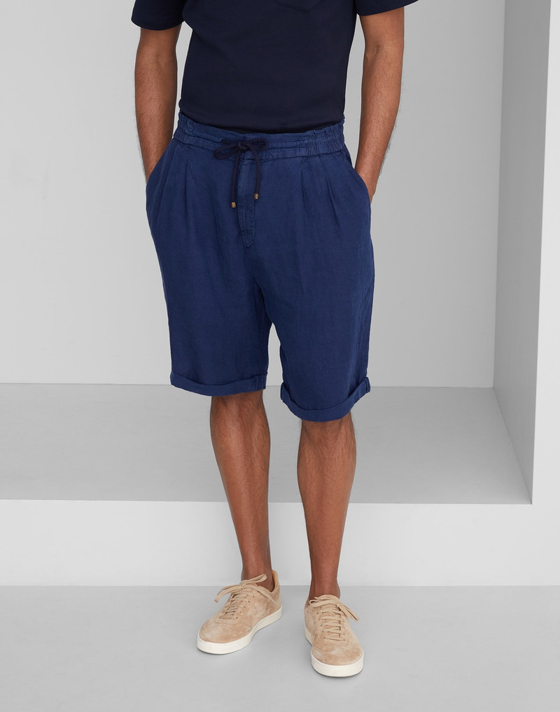 Garment-dyed Bermuda shorts in linen gabardine with drawstring and pleat 1