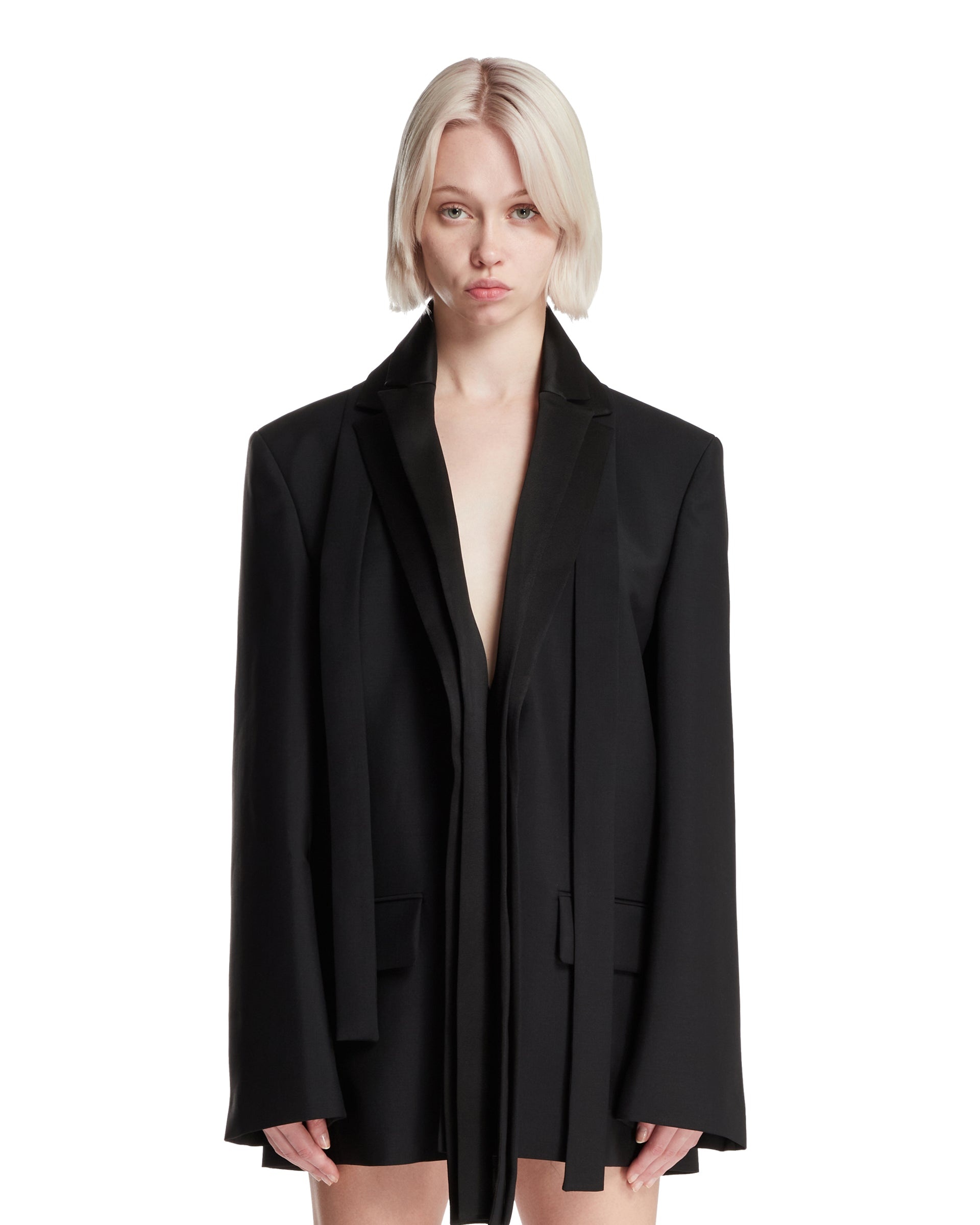 Black Deconstructed Blazer with Satin Lapels - 1