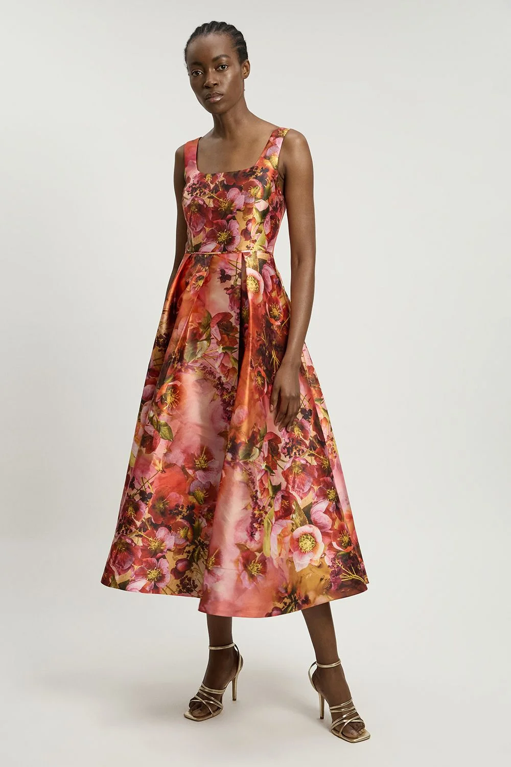 Petite Jacquard Twill Orange Floral Print Corseted Woven Maxi Dress - 1