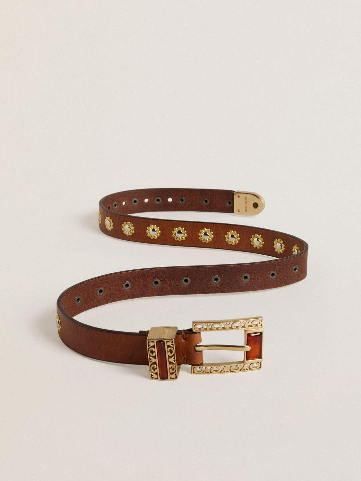 Brown leather belt with golden floral studs and amber inserts - 4