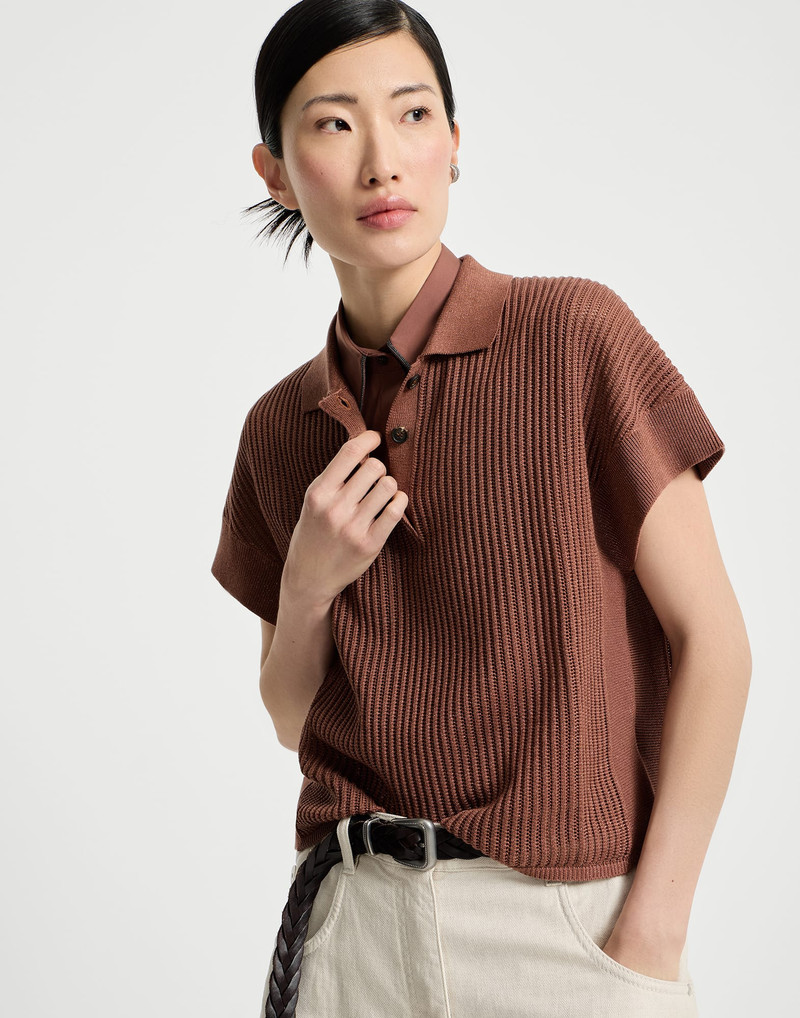 Sparkling cotton ribbed net polo shirt 5