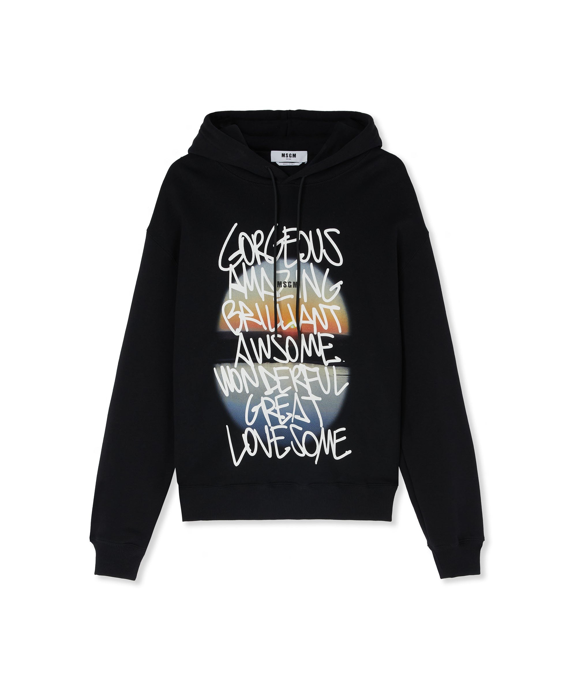 Hooded sweatshirt with "Gorgeous amazing awesome sunset" graphic - 1