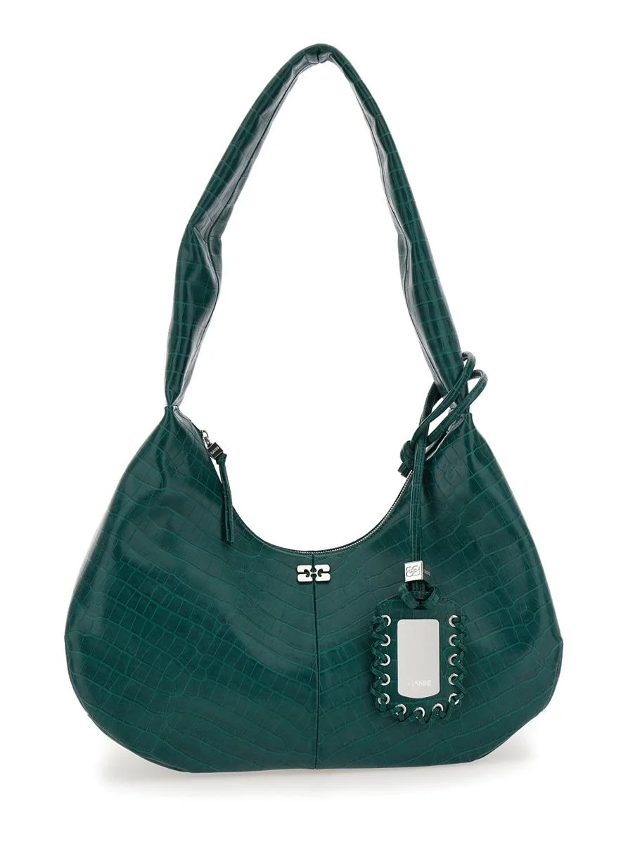 Ganni 'Medium Bou' Green Shoulder Bag With Crocodile Leather Effect And Logo Plaque In Leather Woman - 1