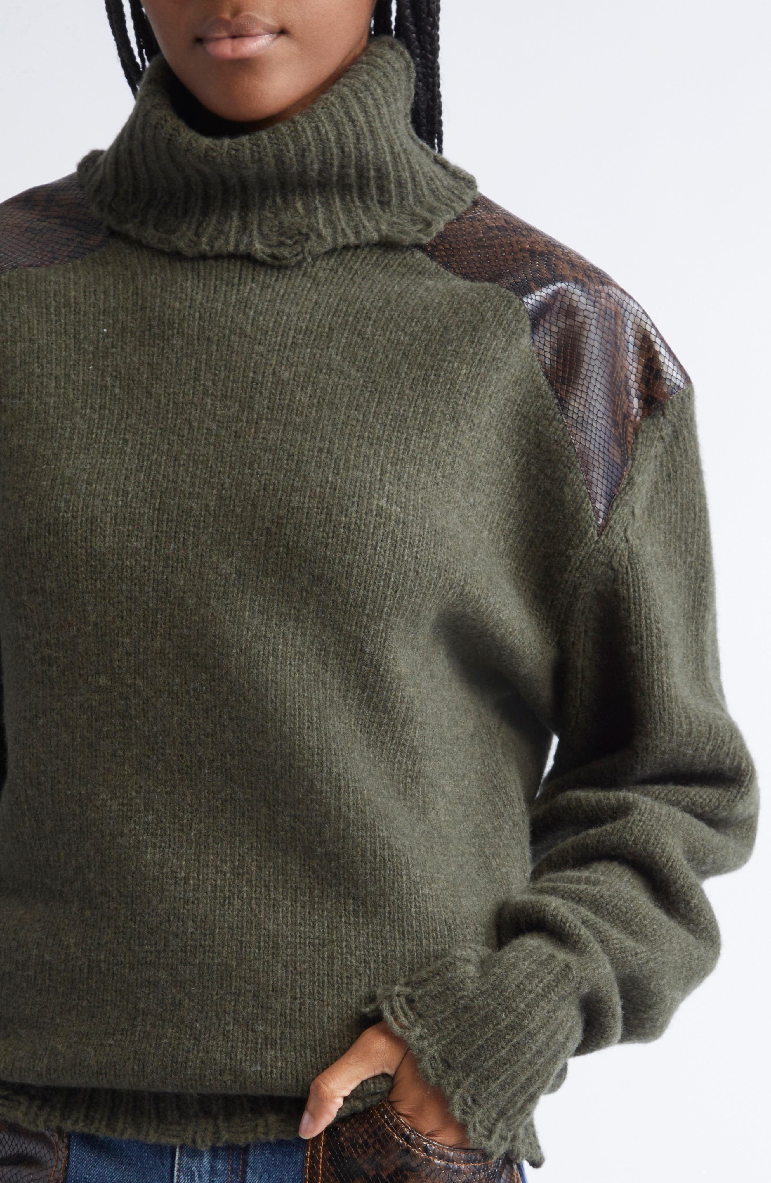 Stella McCartney Snakeskin Embossed Faux Leather & Virgin Wool Sweater in Dark Khaki at Nordstrom - 5