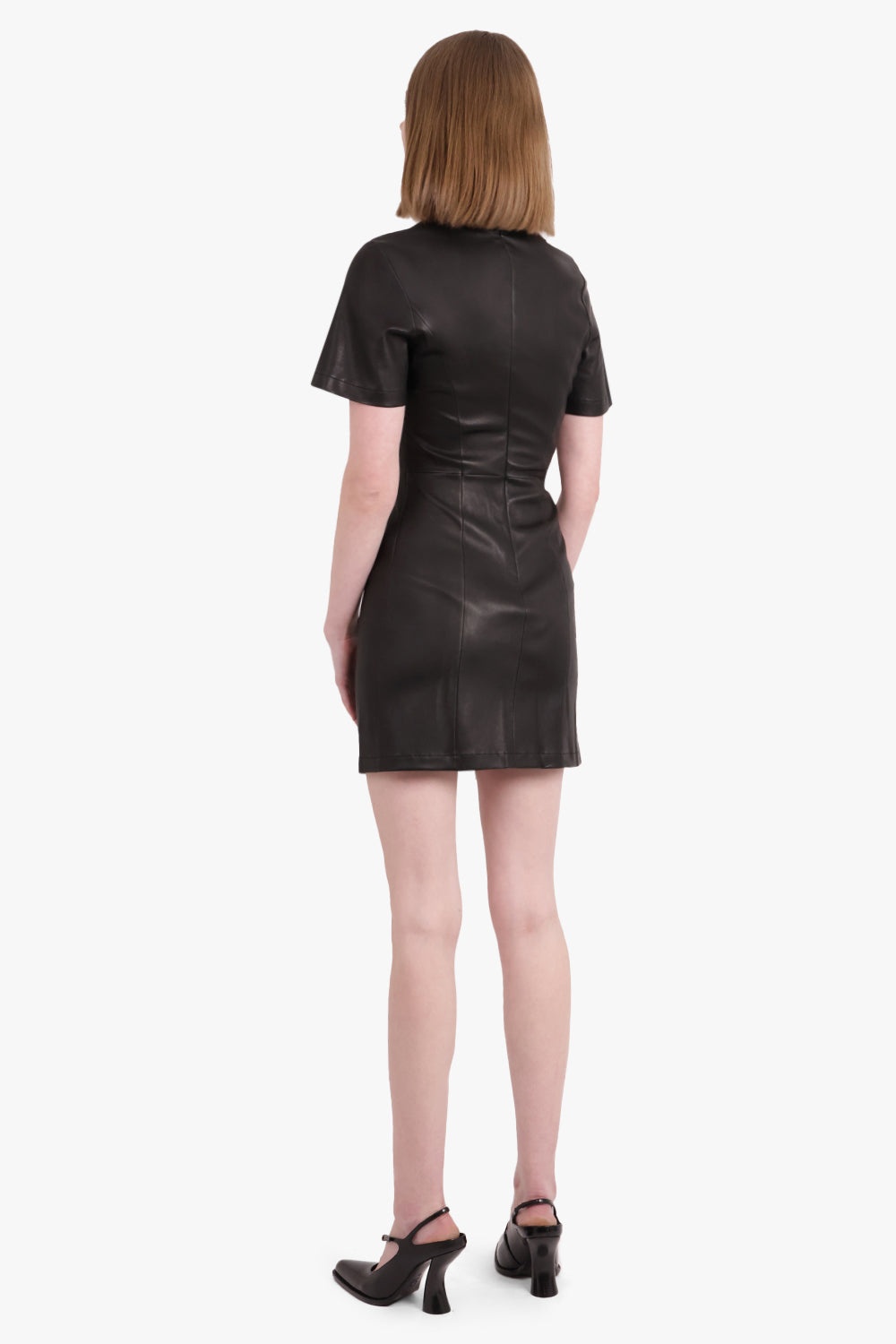 LEATHER S/S ASYMMETRIC RUCHED MINI DRESS | BLACK - 3
