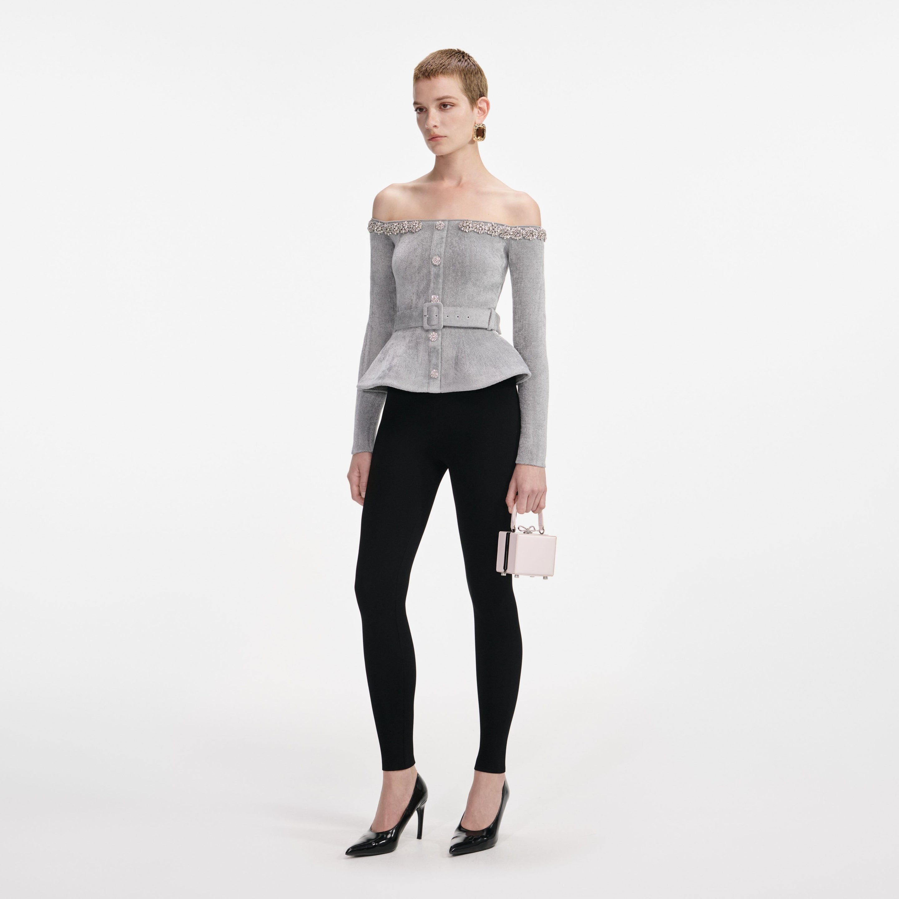 Grey Chenille Knit Crystal Trim Top - 2