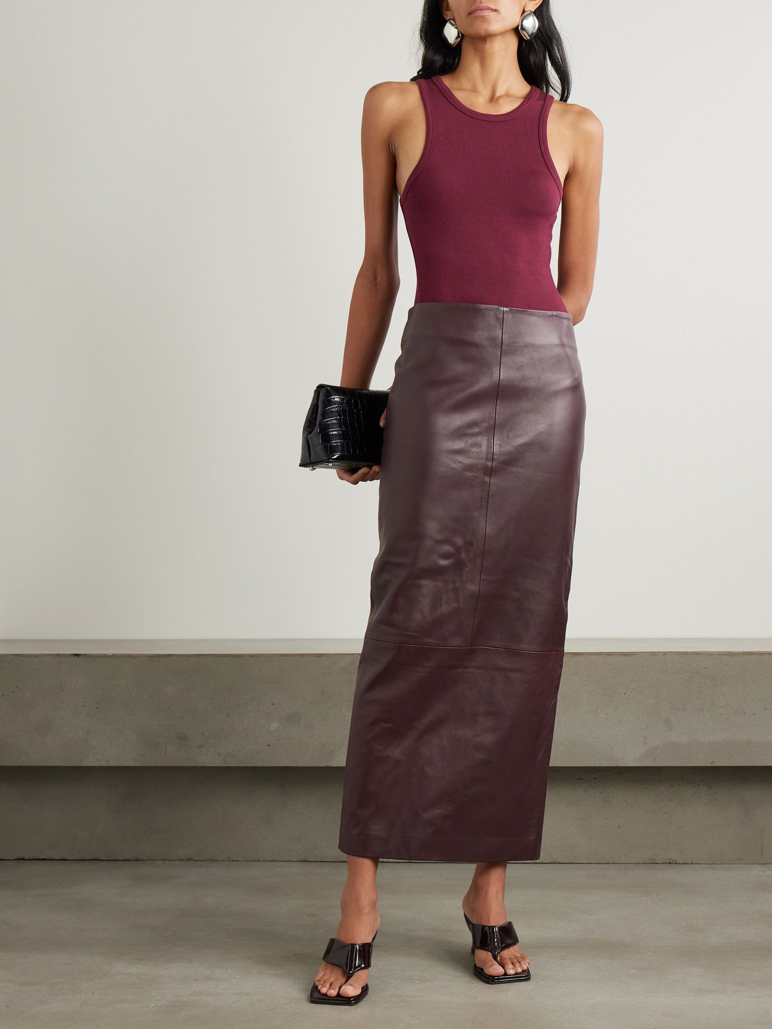 Paneled leather maxi skirt Burgundy - 2