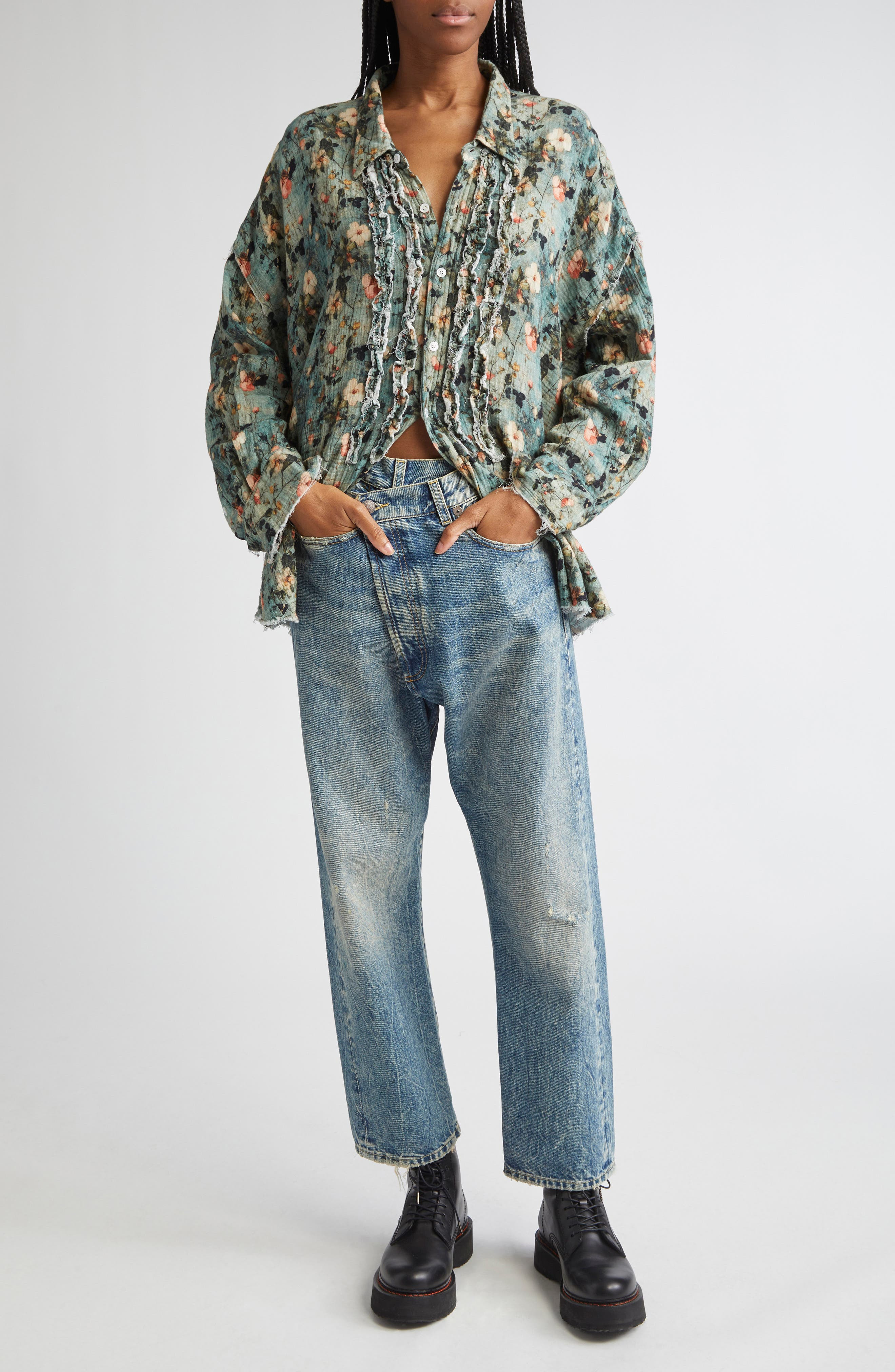 R13 Shredded Seam Ruffle Button-Up Shirt in Turquoise Floral at Nordstrom - 2