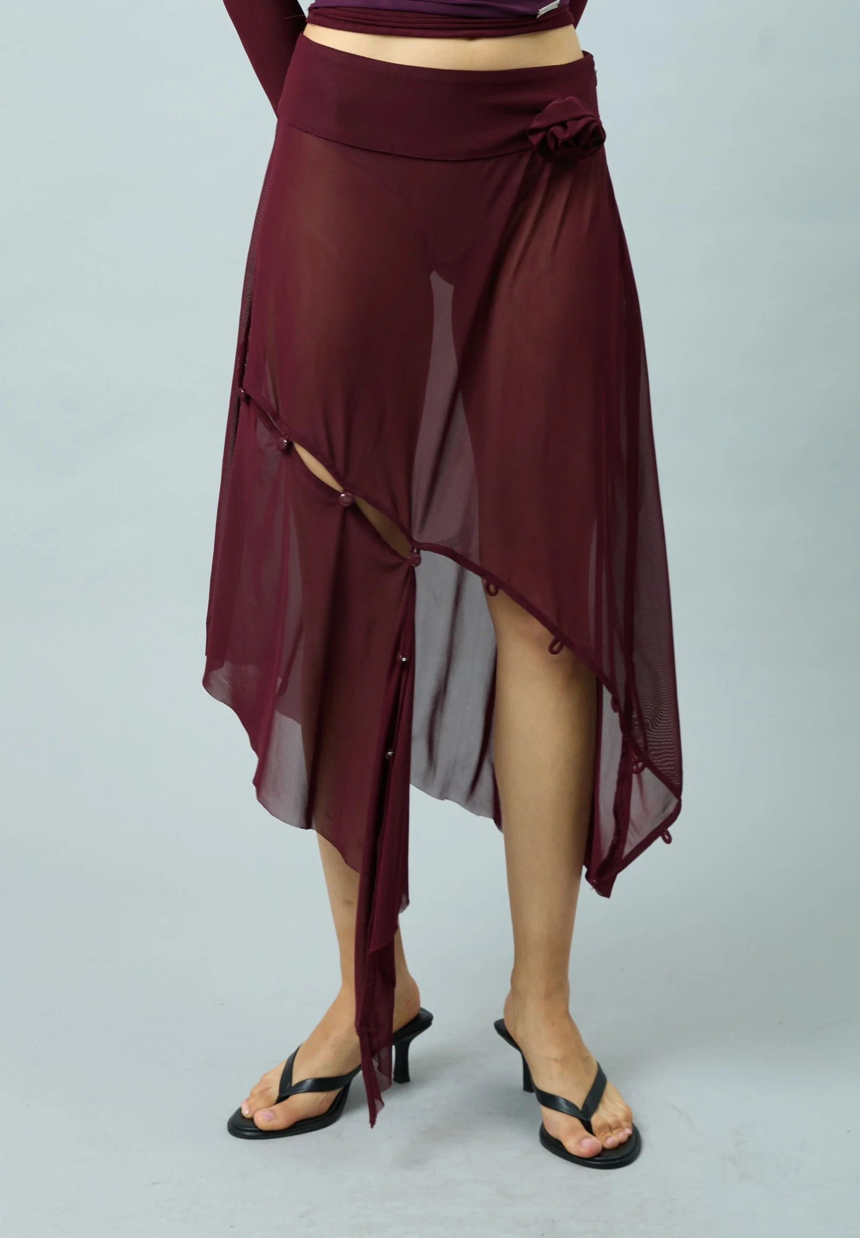 ASYMMETRIC MESH SKIRT WITH FLOWER APPLIQUE - 1