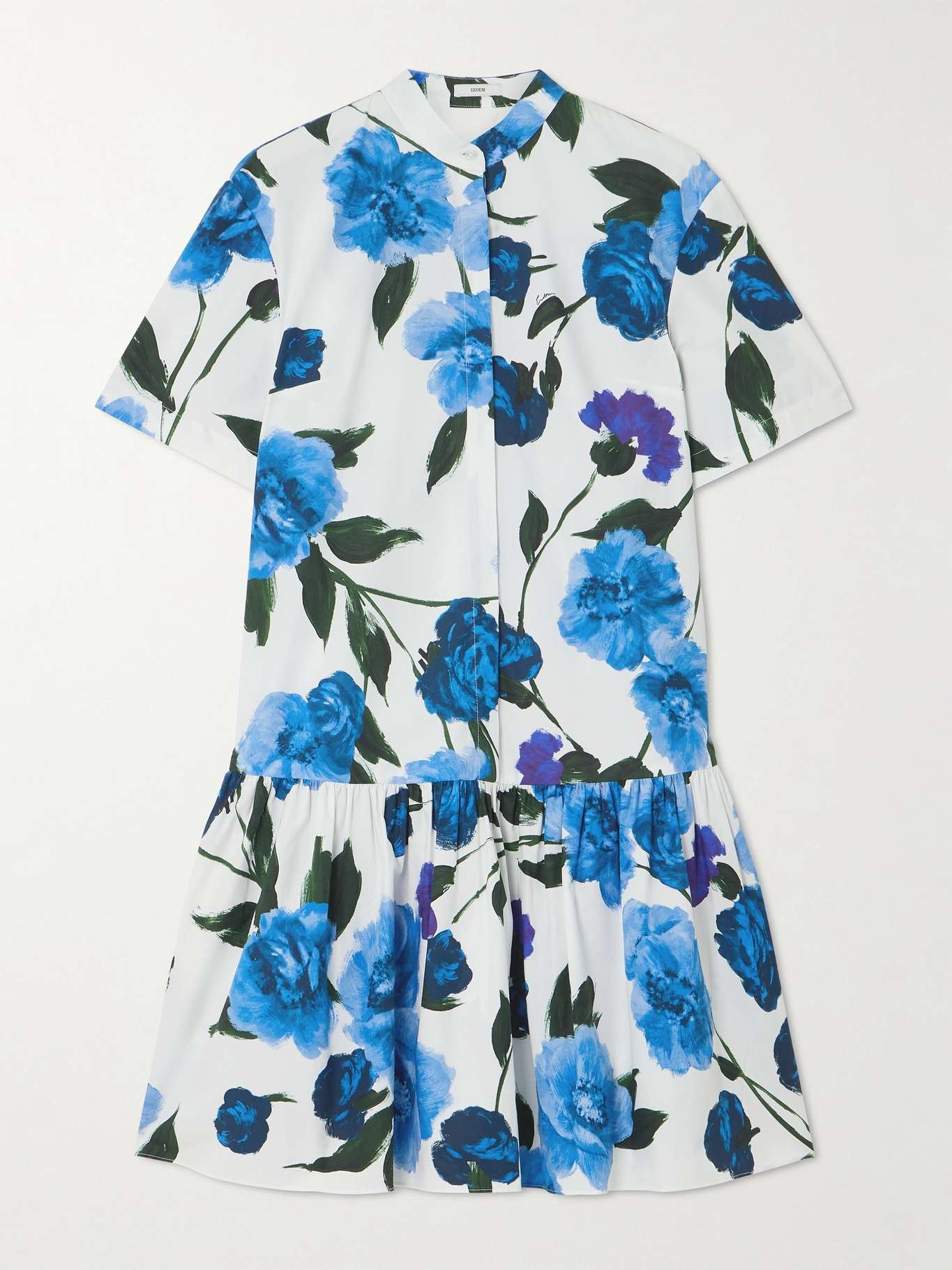 Gathered tiered floral-print cotton mini shirt dress - 1