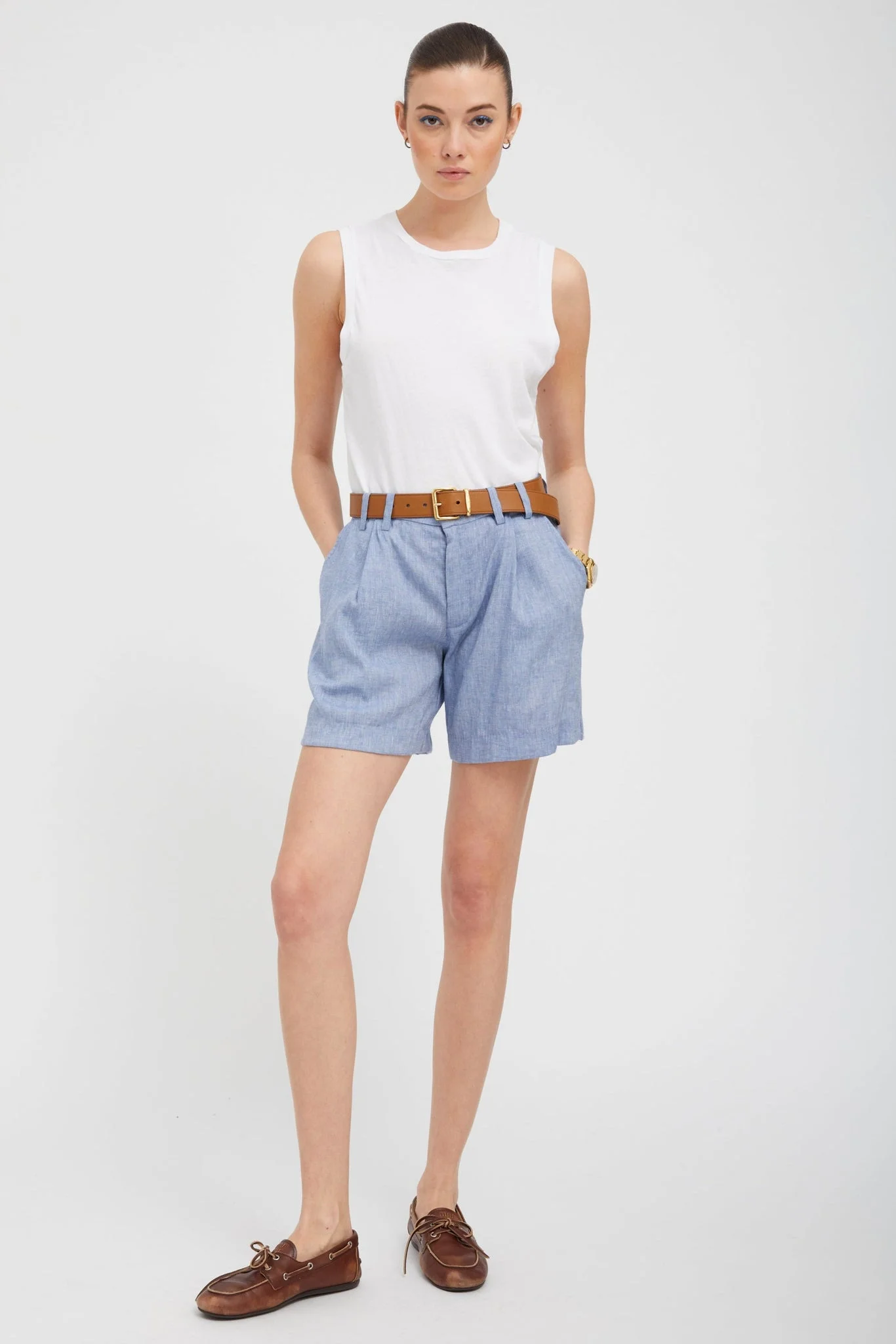 BLUE LINEN PLEATED TROUSER SHORTS - 1