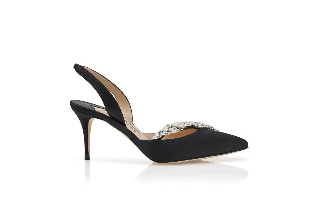 Black Satin Jewel Buckle Slingback Pumps - 1