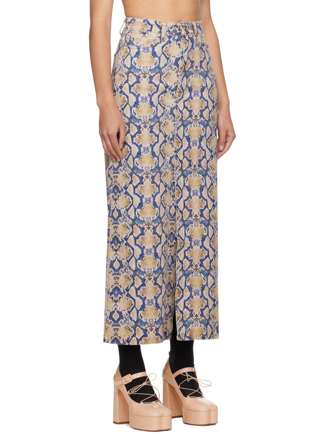 Blue & Yellow Snake Printed Denim Maxi Skirt - 2