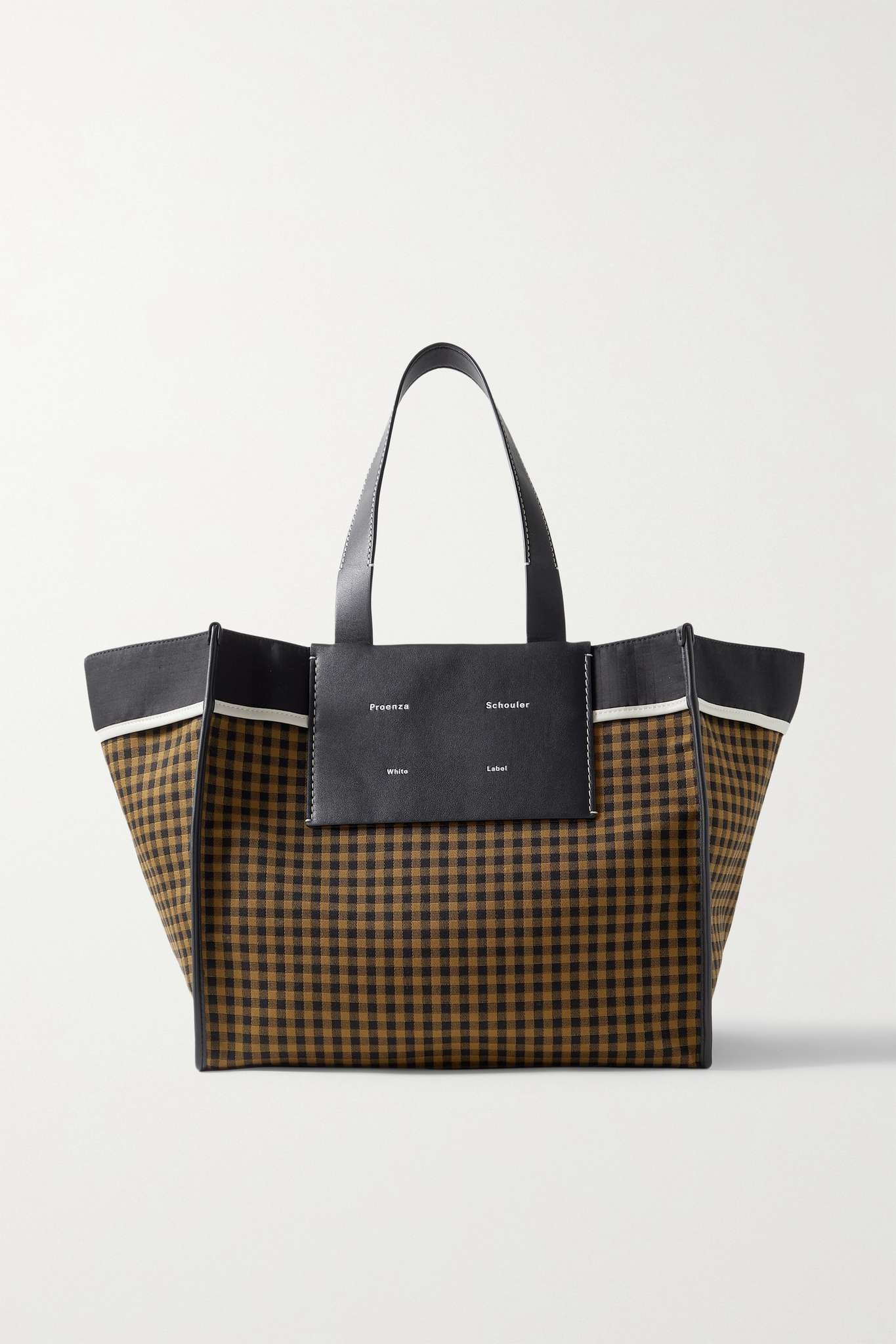 Morris XL leather-trimmed gingham canvas tote - 1