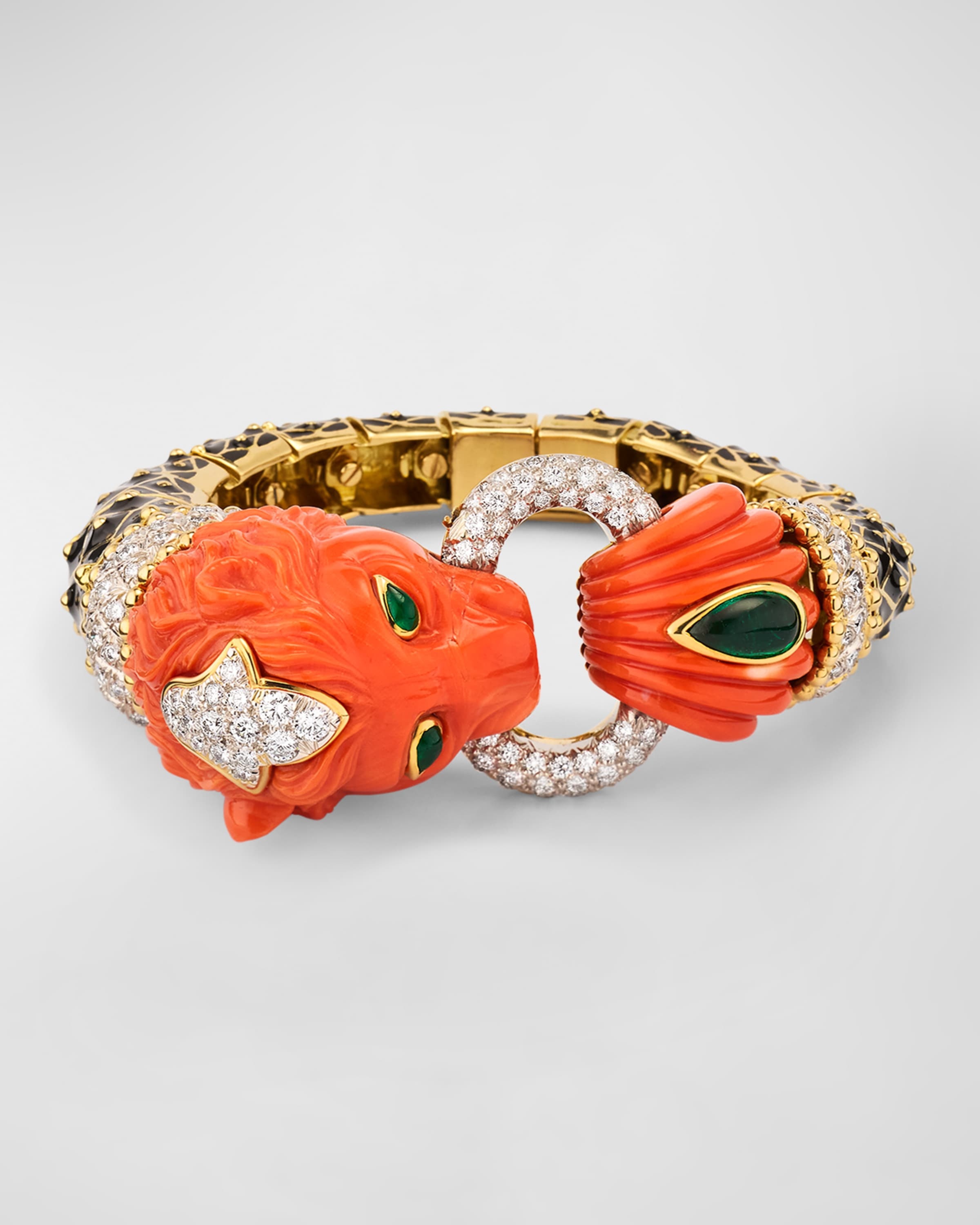 18K Yellow Gold and Platinum Lion Bracelet with Coral, Emerald and Diamonds - 1