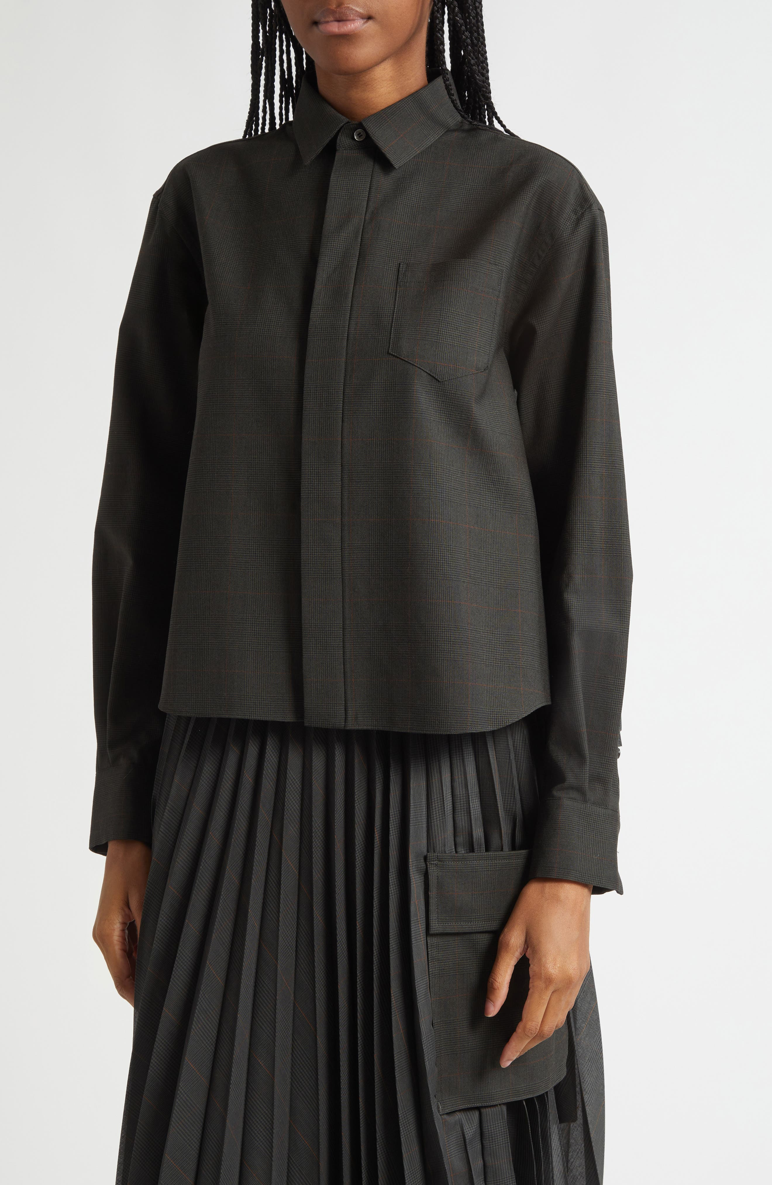 Sacai Glen Check Mixed Media Button-Up Shirt in Black/Khaki at Nordstrom - 5