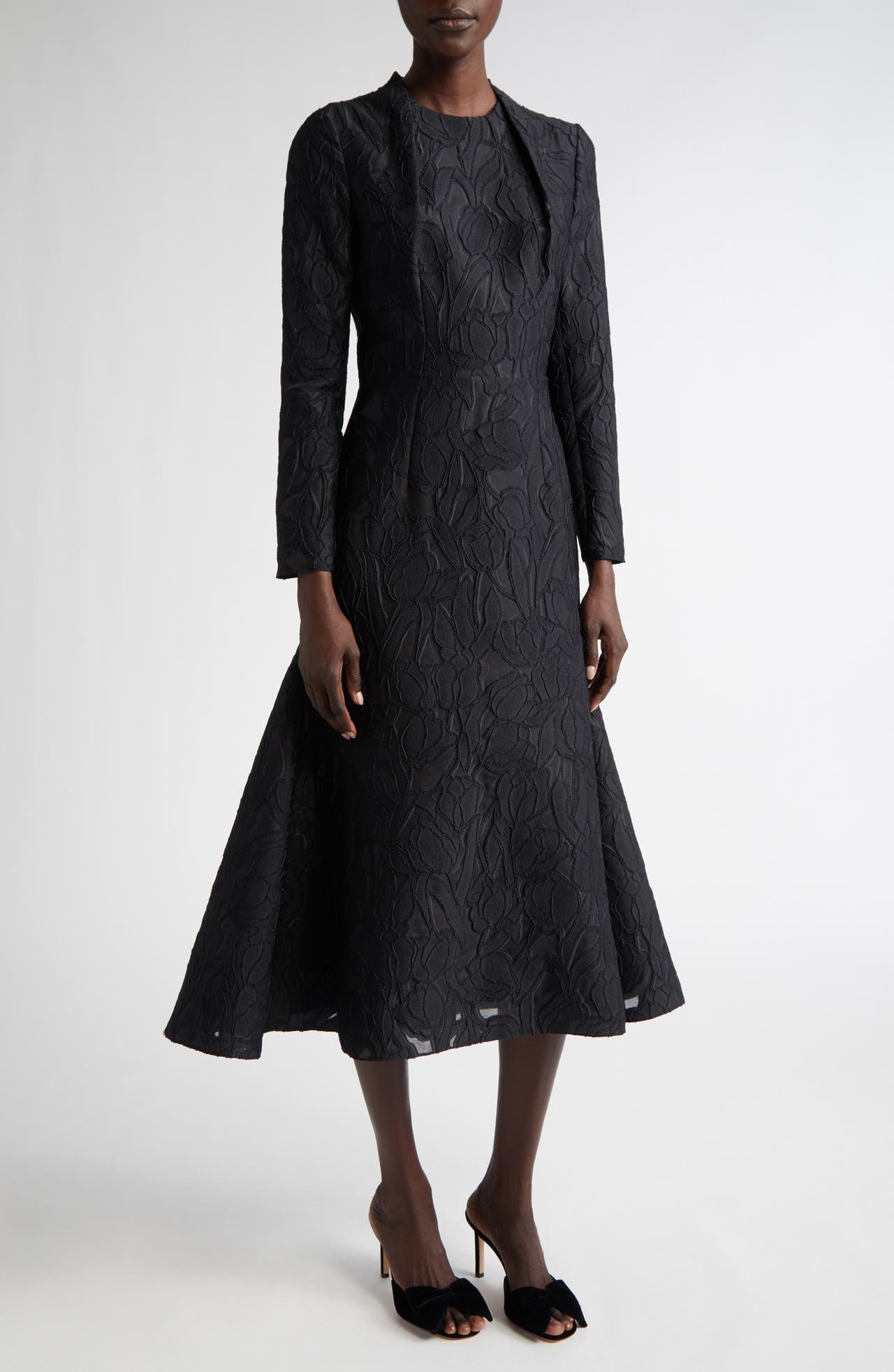 Emilia Wickstead Seneca Burnout Floral Jacquard Long Sleeve Fit & Flare Dress in Black On Black at N - 1