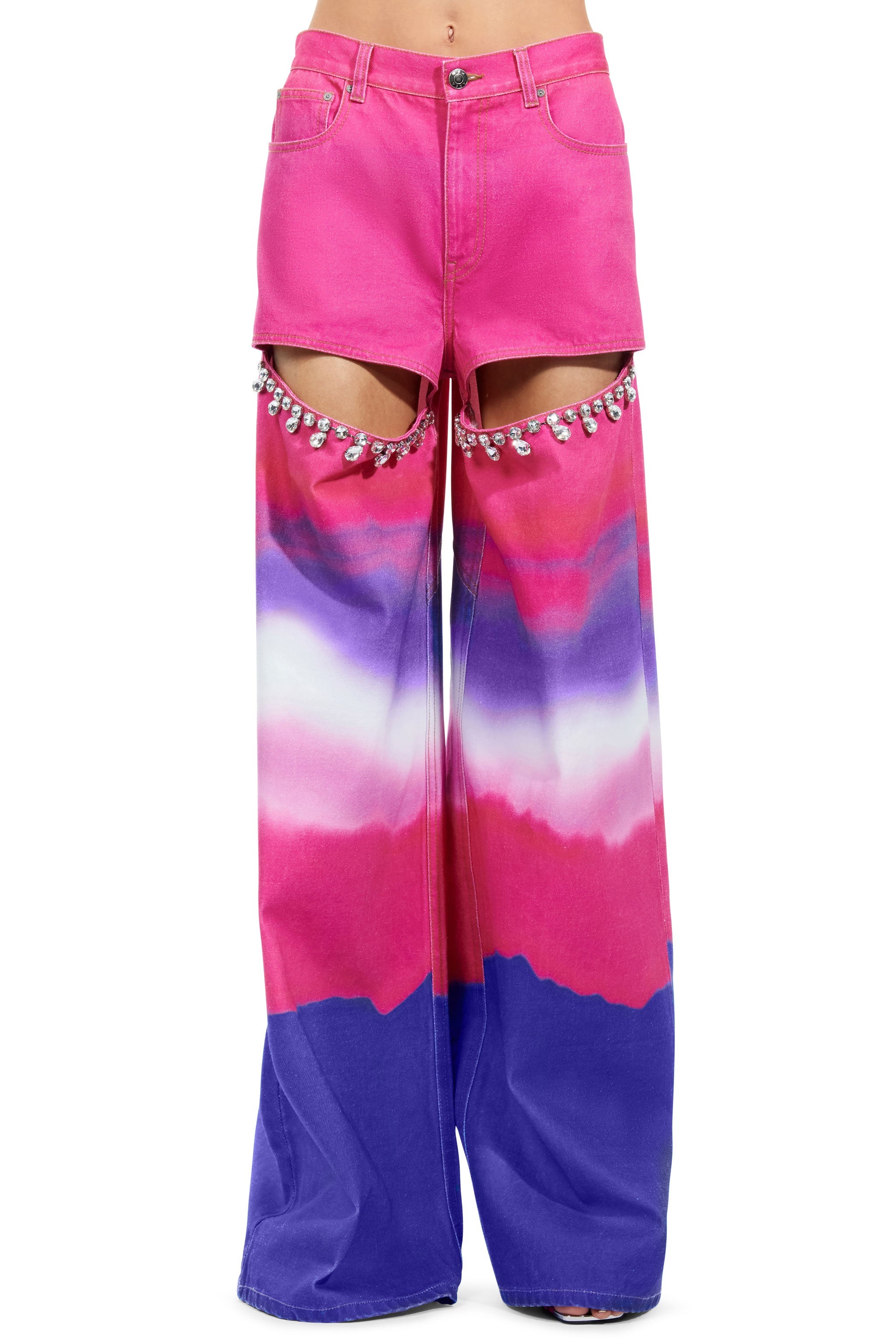 WIDE LEG CRYSTAL SLIT OMBRE JEAN - 1