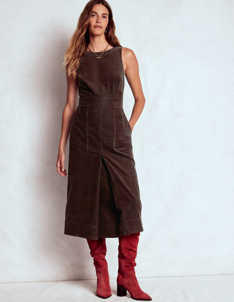 Ula Box Pleat Cord Midi Dress-Espresso 5