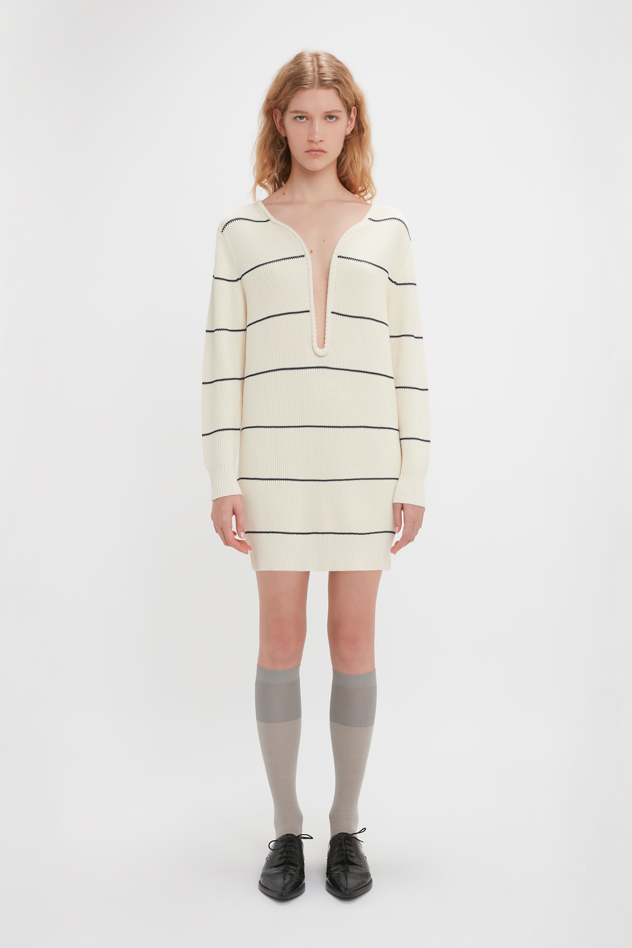 Frame Detail Jumper Dress In Natural-Navy - 2