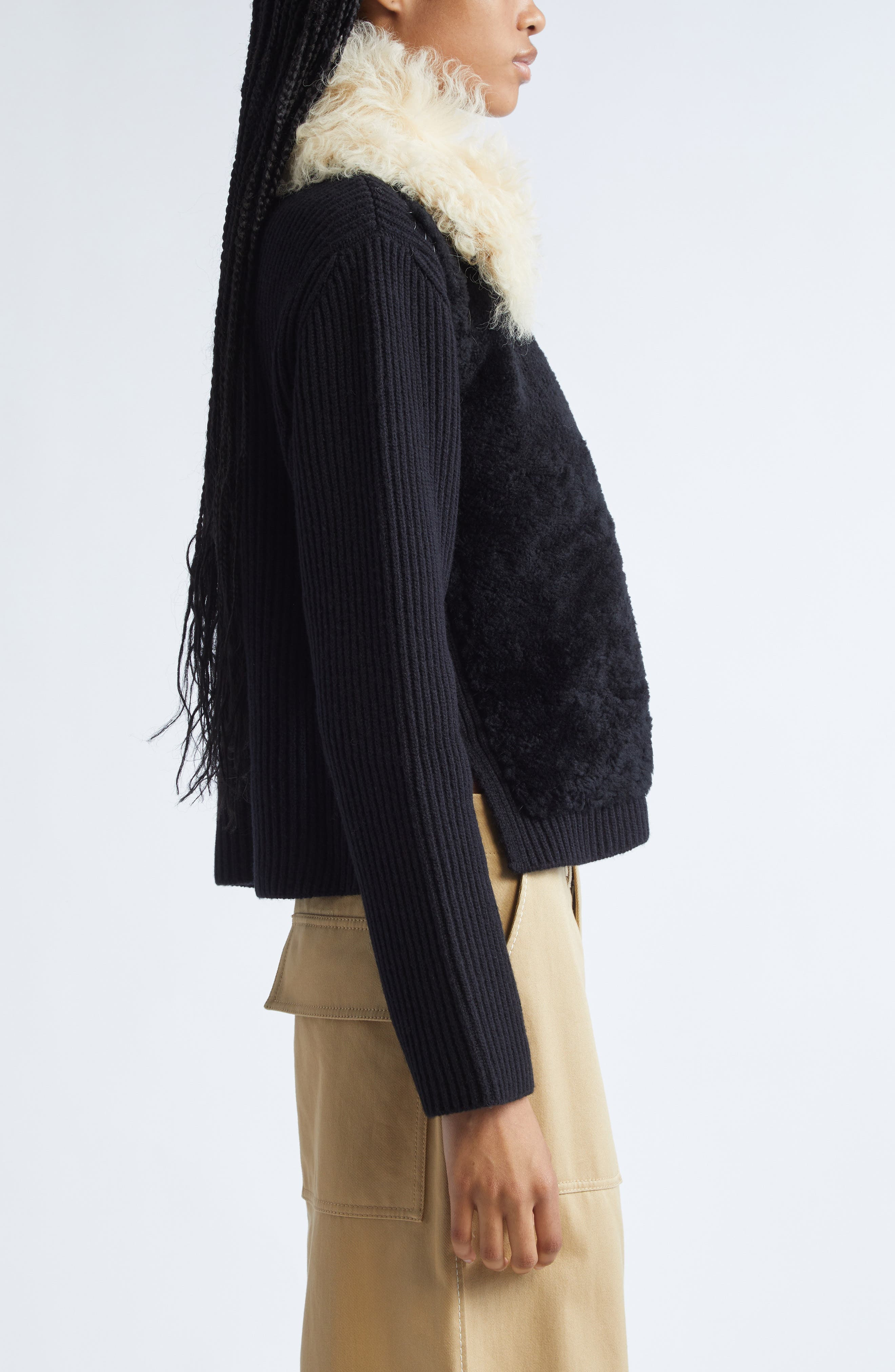 Marni Genuine Shearling & Virgin Wool Cardigan in Black at Nordstrom - 4