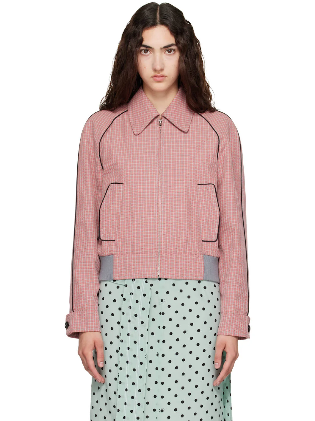 Red Plaid Crop Bomber Jacket - 1