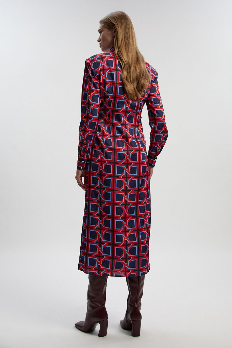 Geo Print Hammered Satin Tie Waist Woven Midi Dress 5