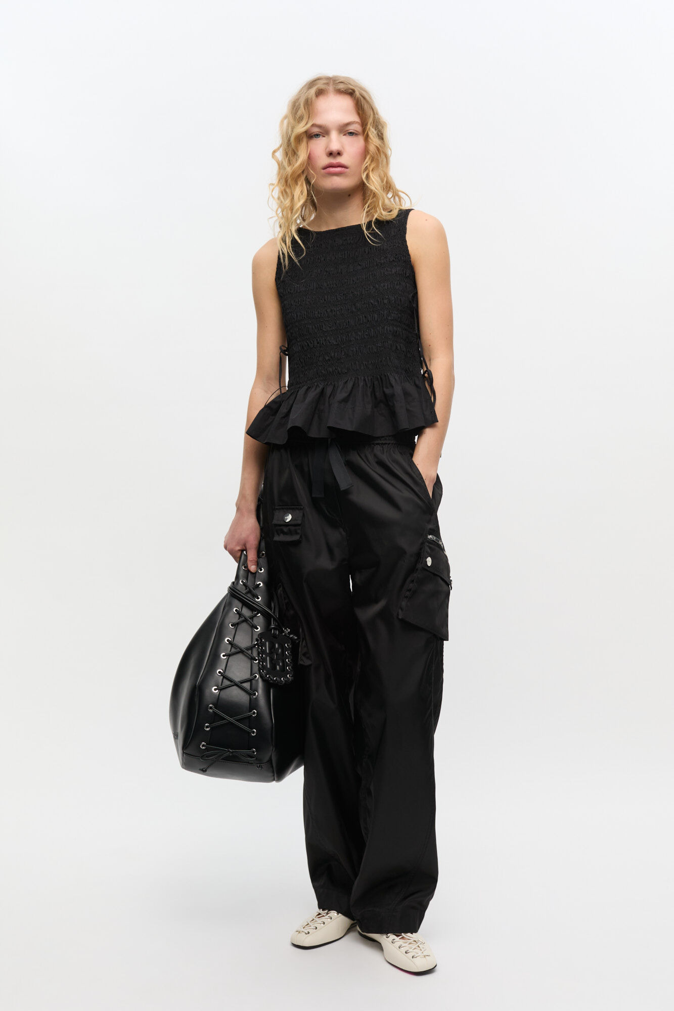 BLACK COTTON SMOCK TIE TOP - 3