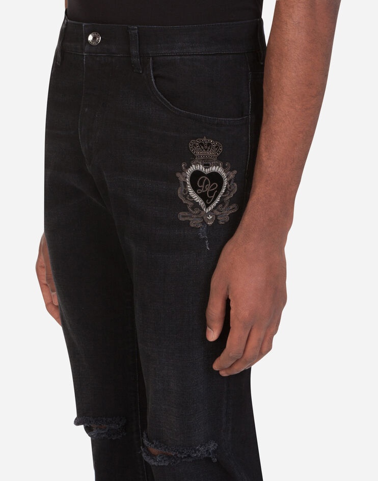 Washed black slim-fit stretch jeans with patch detailing - 4