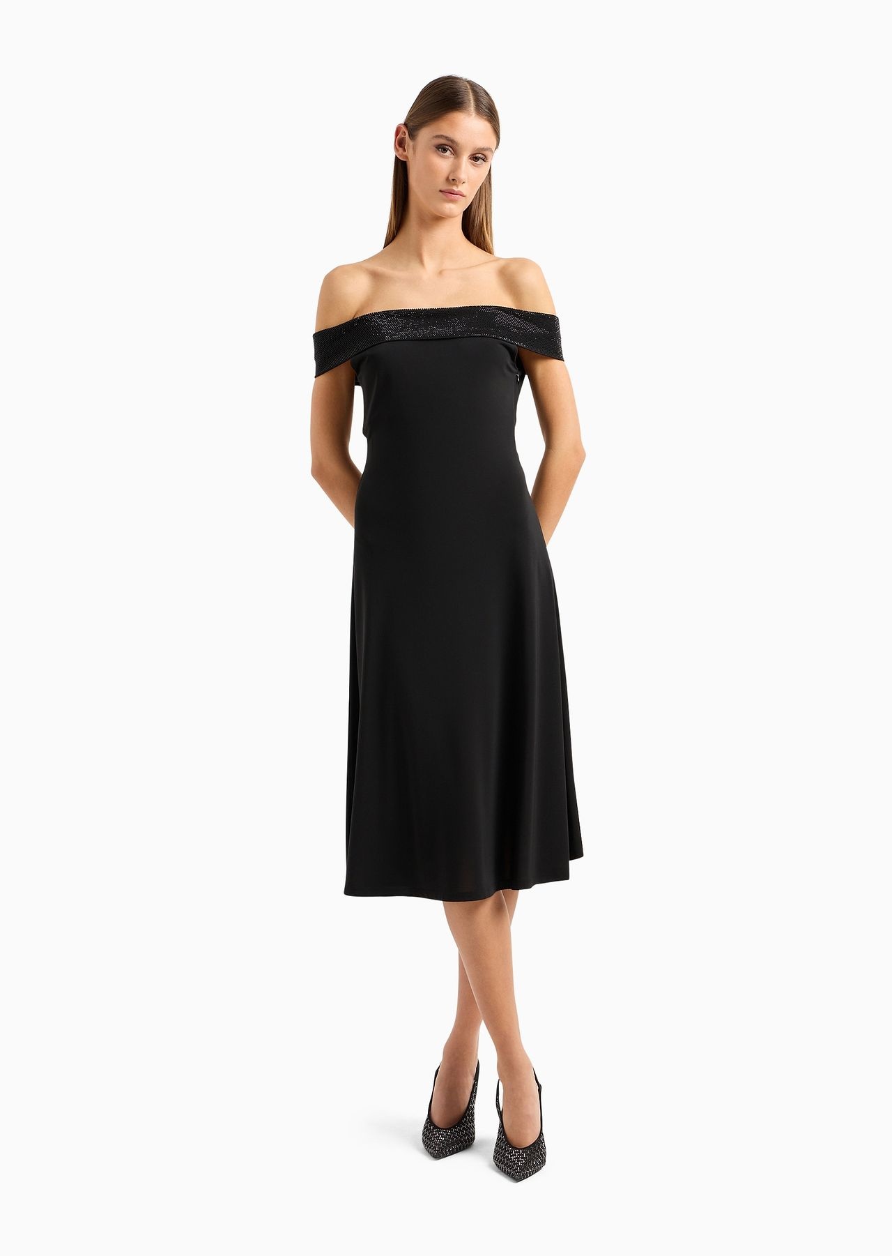 Viscose stretch jersey dress with rhinestone neckline - 4