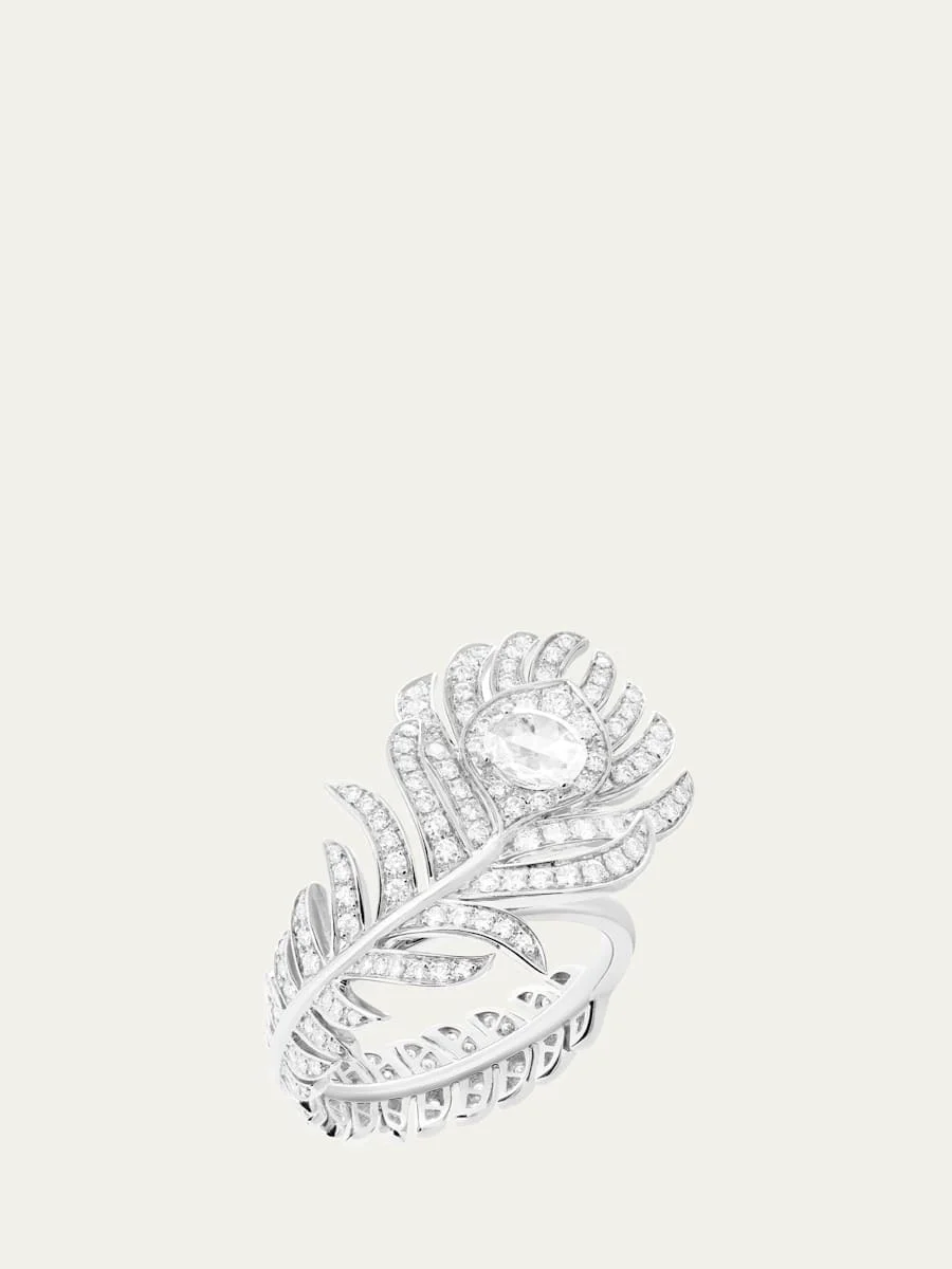 Small 18K White Gold Plum de Paon Feather Ring with Diamonds - 1